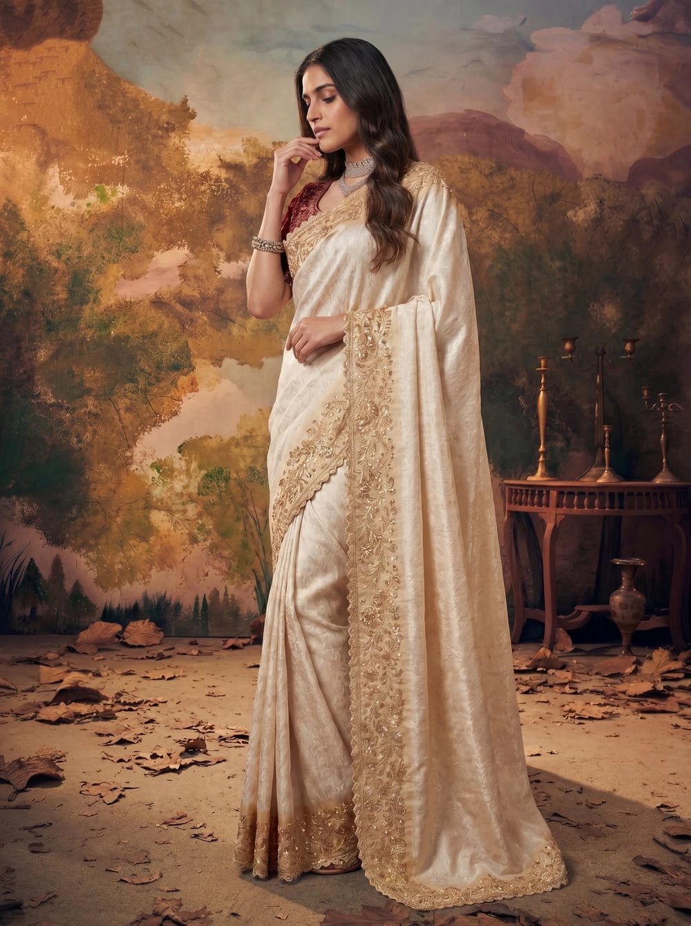 Premium Ivory Silk Saree with Rich Gold Zari Embroidery Heavy Beads Work - Zimonza