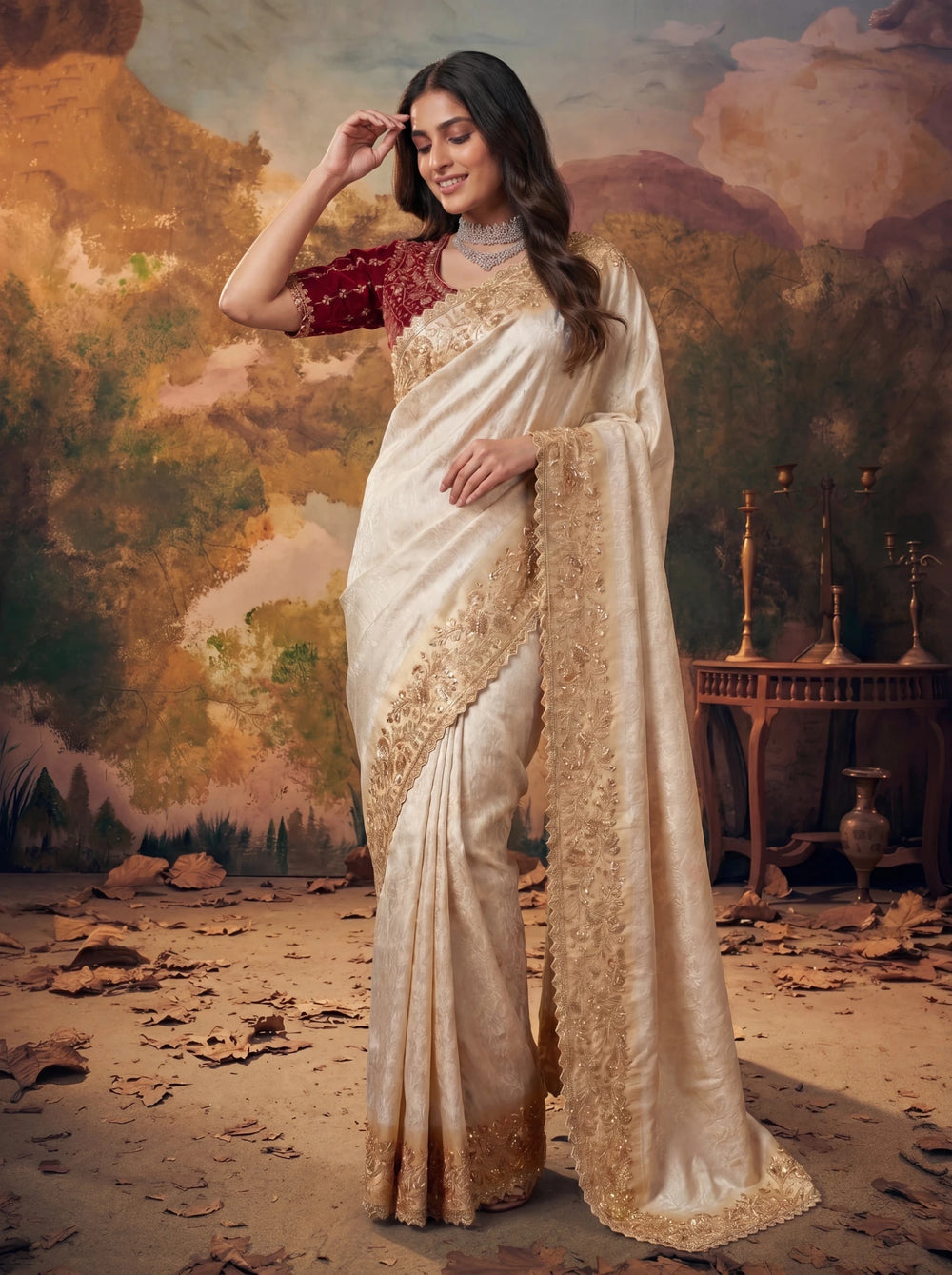Premium Ivory Silk Saree with Rich Gold Zari Embroidery Heavy Beads Work - Zimonza