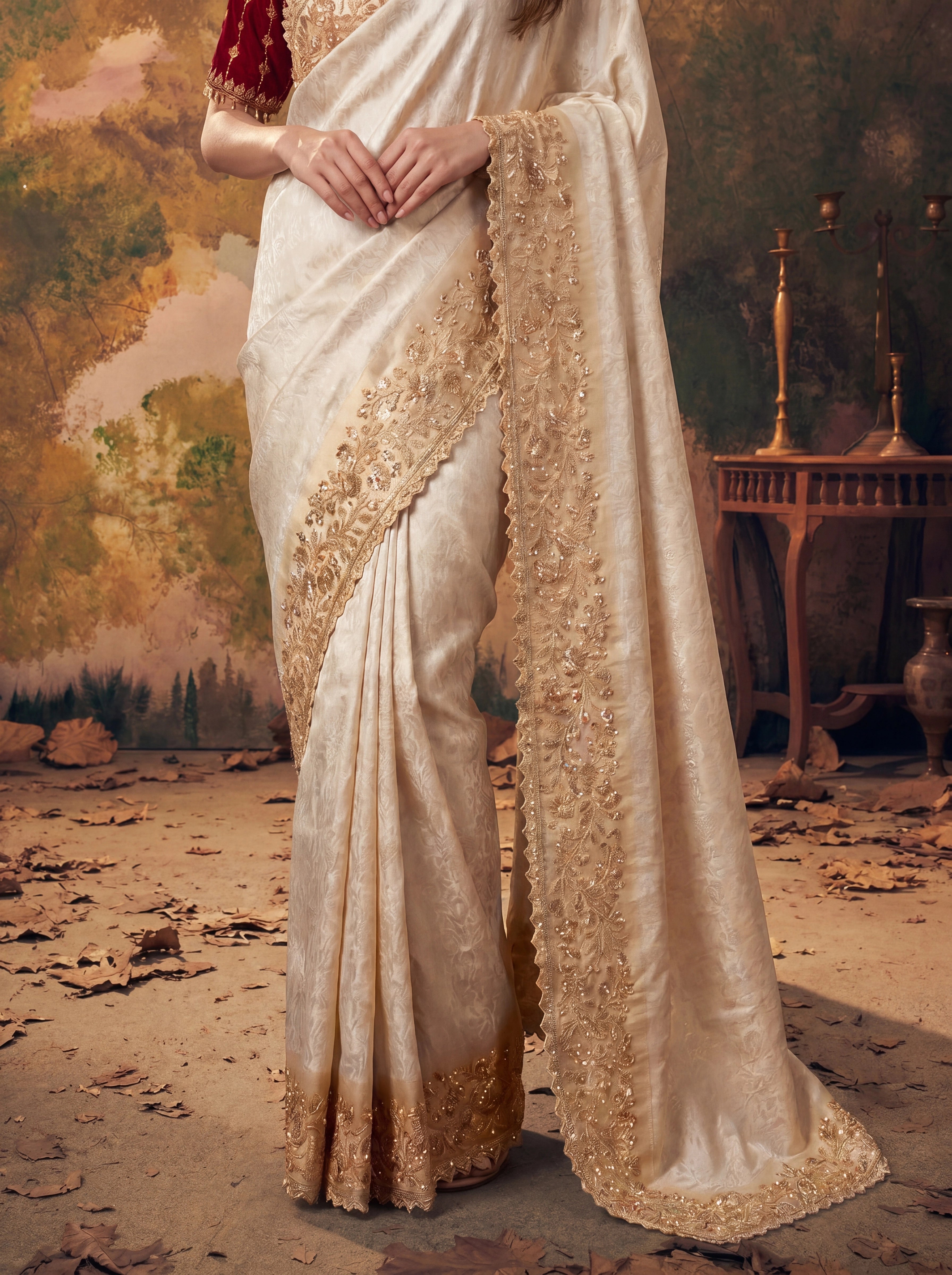 Premium Ivory Silk Saree with Rich Gold Zari Embroidery Heavy Beads Work