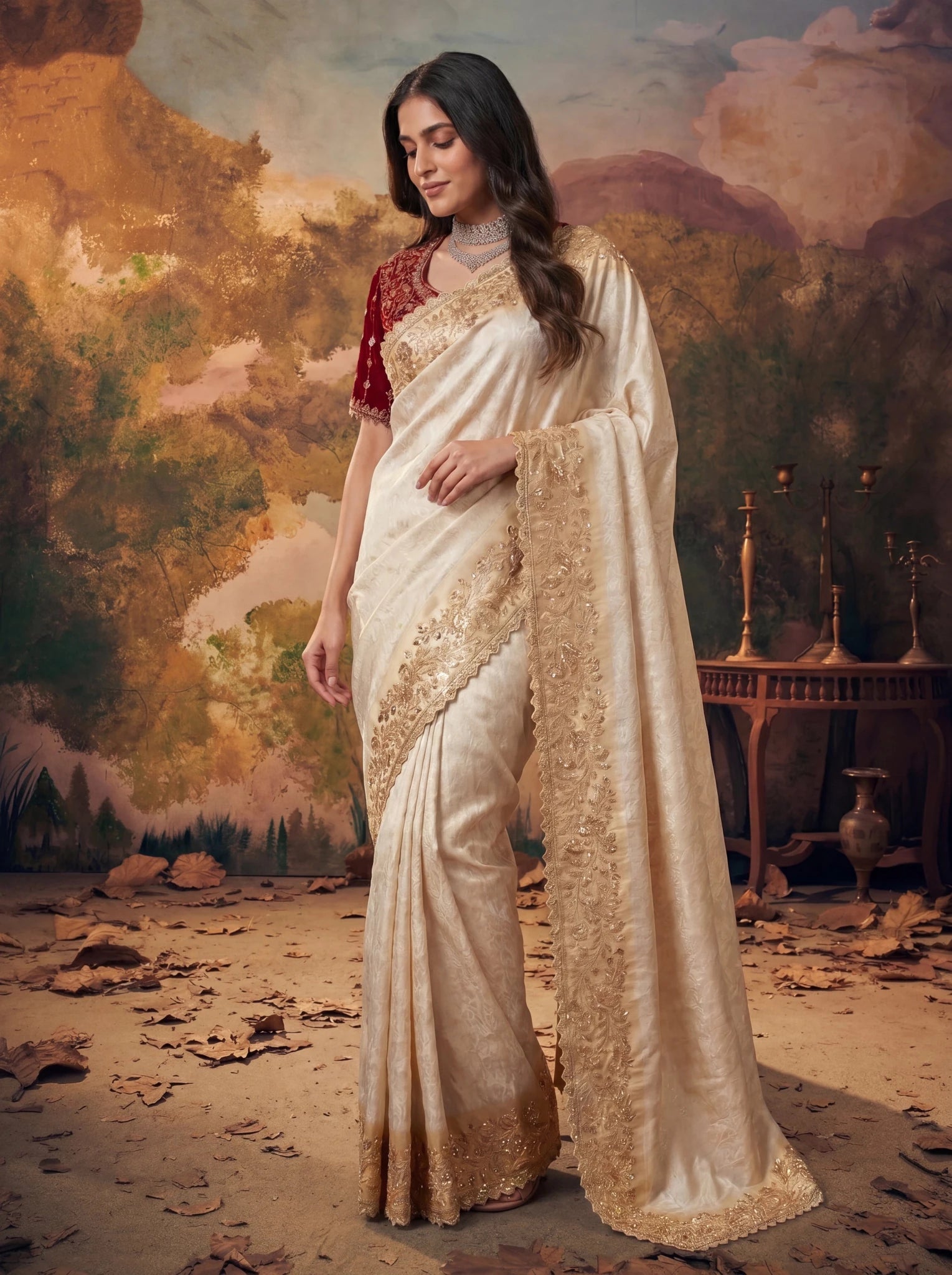 Premium Ivory Silk Saree with Rich Gold Zari Embroidery Heavy Beads Work - Zimonza