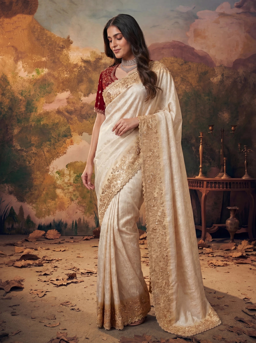Premium Ivory Silk Saree with Rich Gold Zari Embroidery Heavy Beads Work - Zimonza