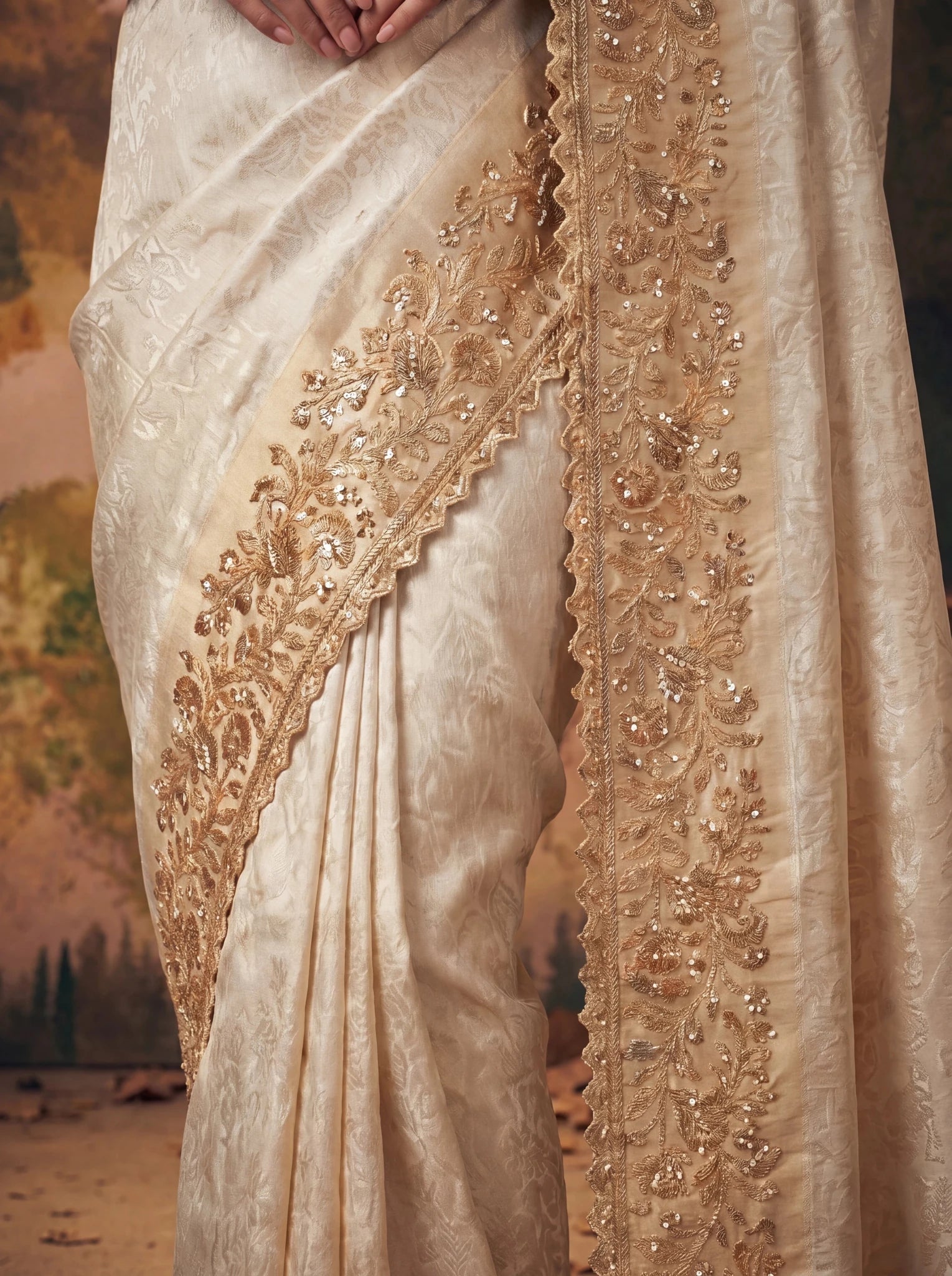 Premium Ivory Silk Saree with Rich Gold Zari Embroidery Heavy Beads Work - Zimonza