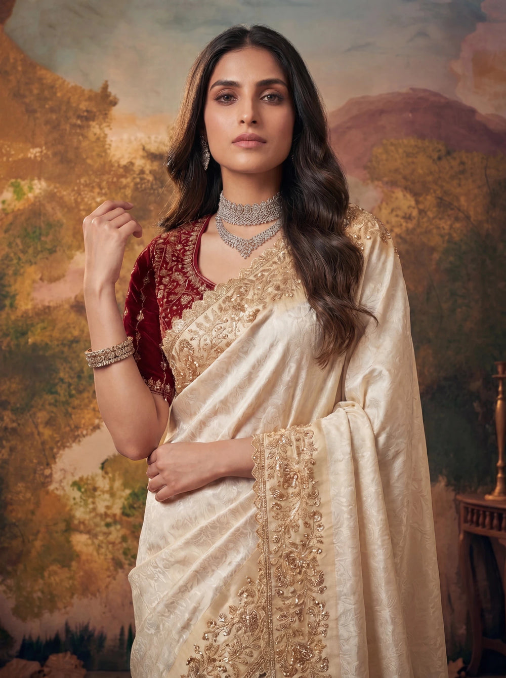 Premium Ivory Silk Saree with Rich Gold Zari Embroidery Heavy Beads Work - Zimonza