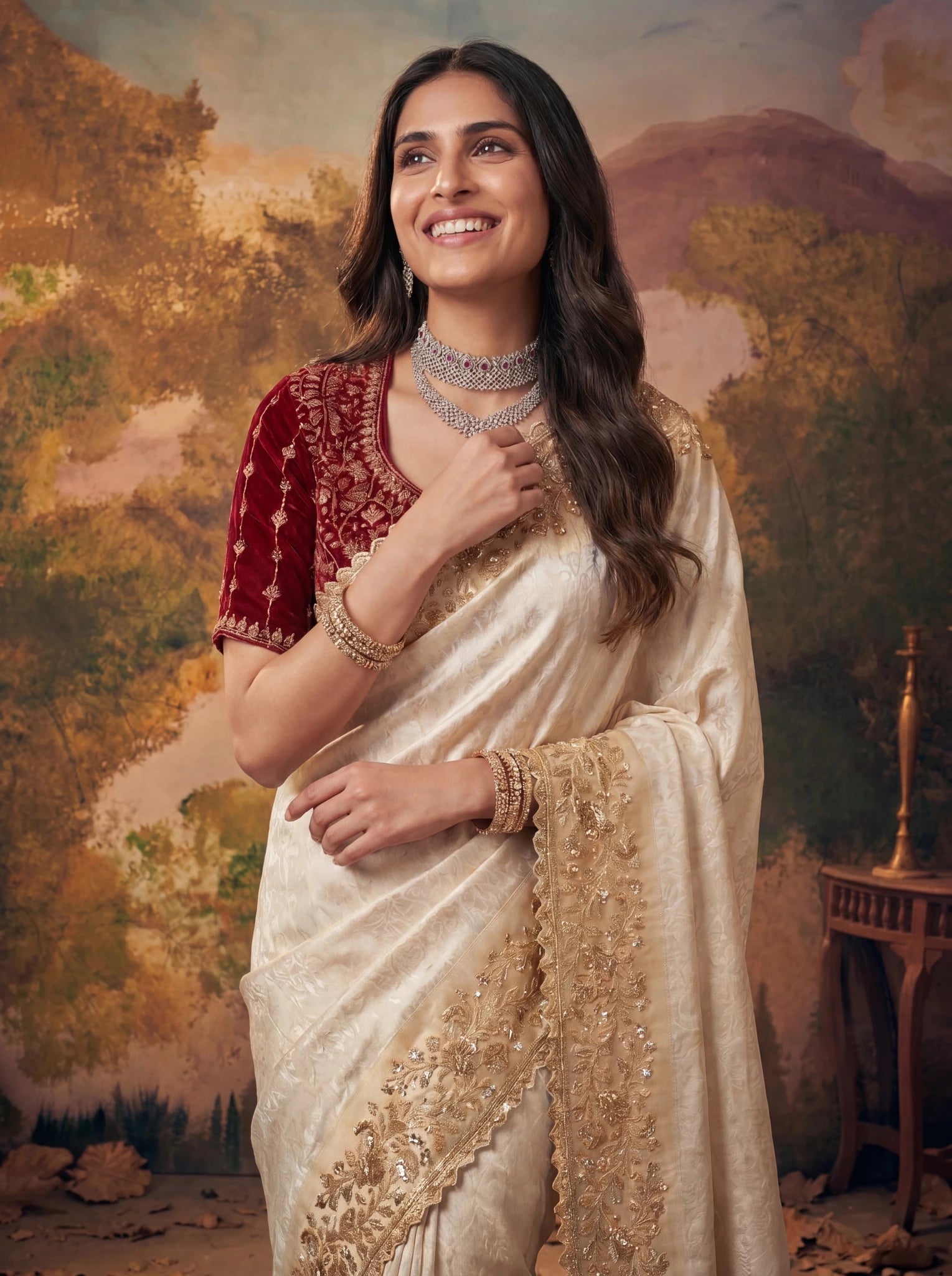 Premium Ivory Silk Saree with Rich Gold Zari Embroidery Heavy Beads Work - Zimonza