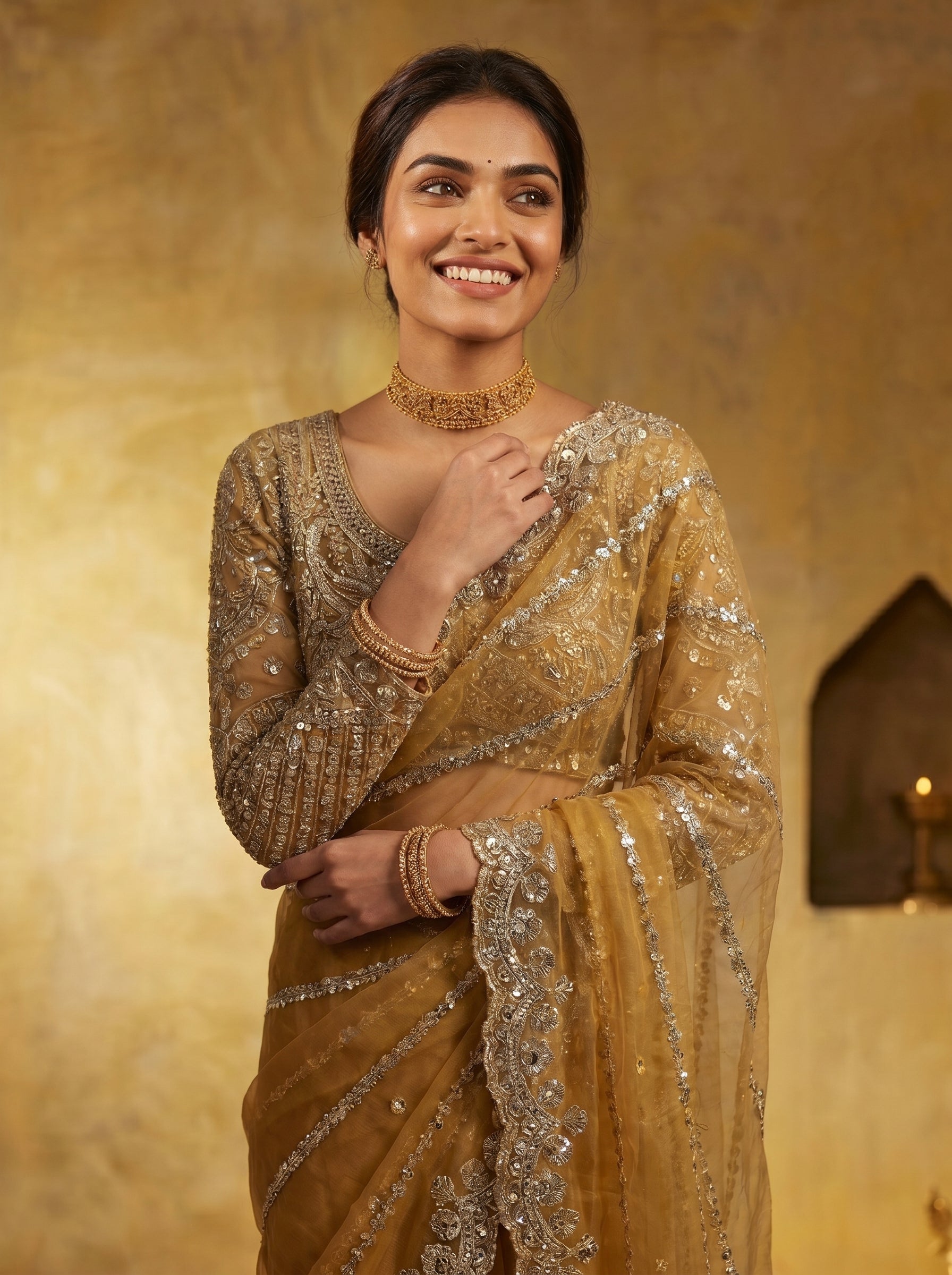 Luxury Mustard Beige Net Saree with Rich Embroidery & Blouse