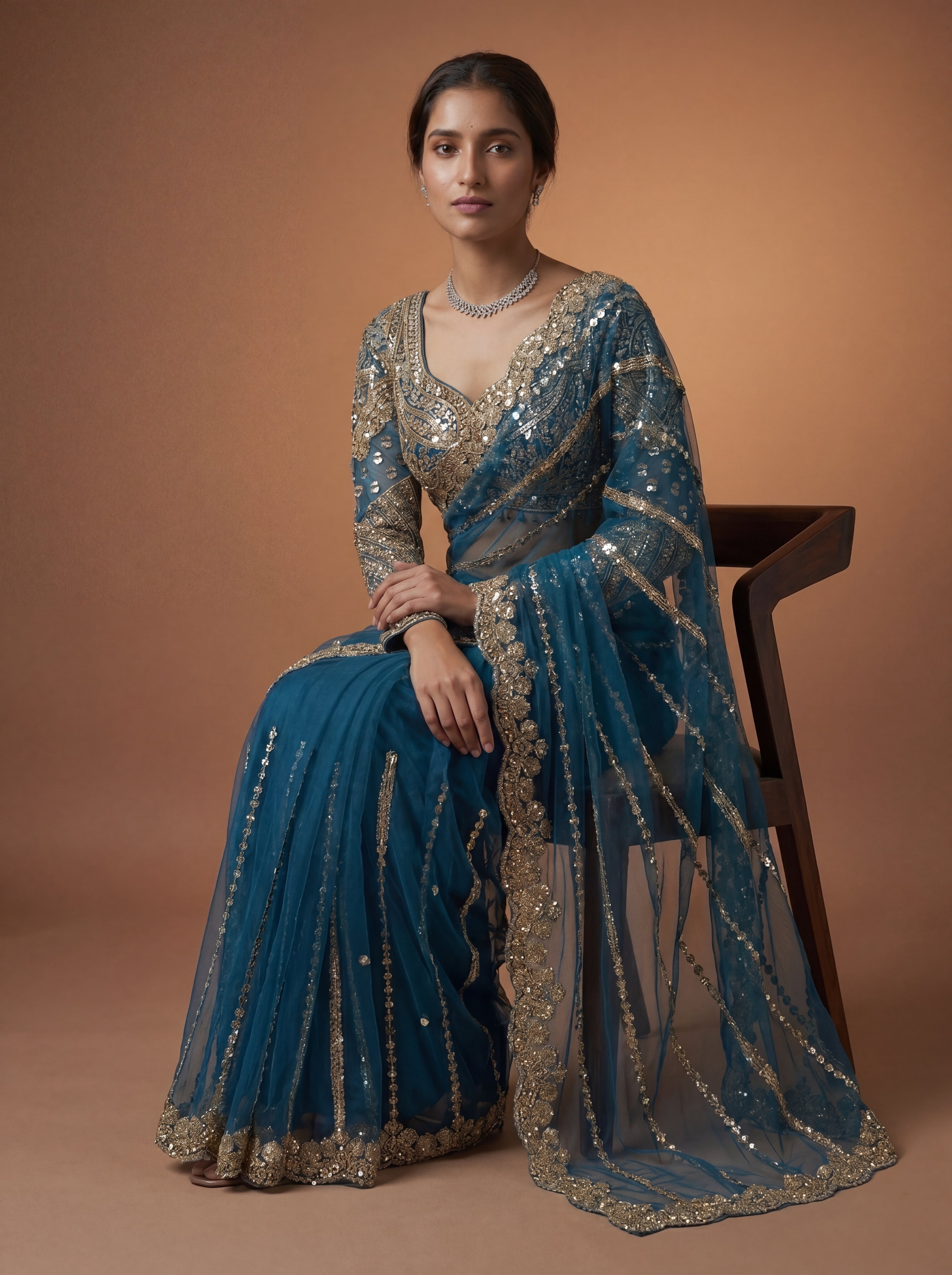 Luxury Morpich Beige Net Saree with Rich Embroidery & Blouse