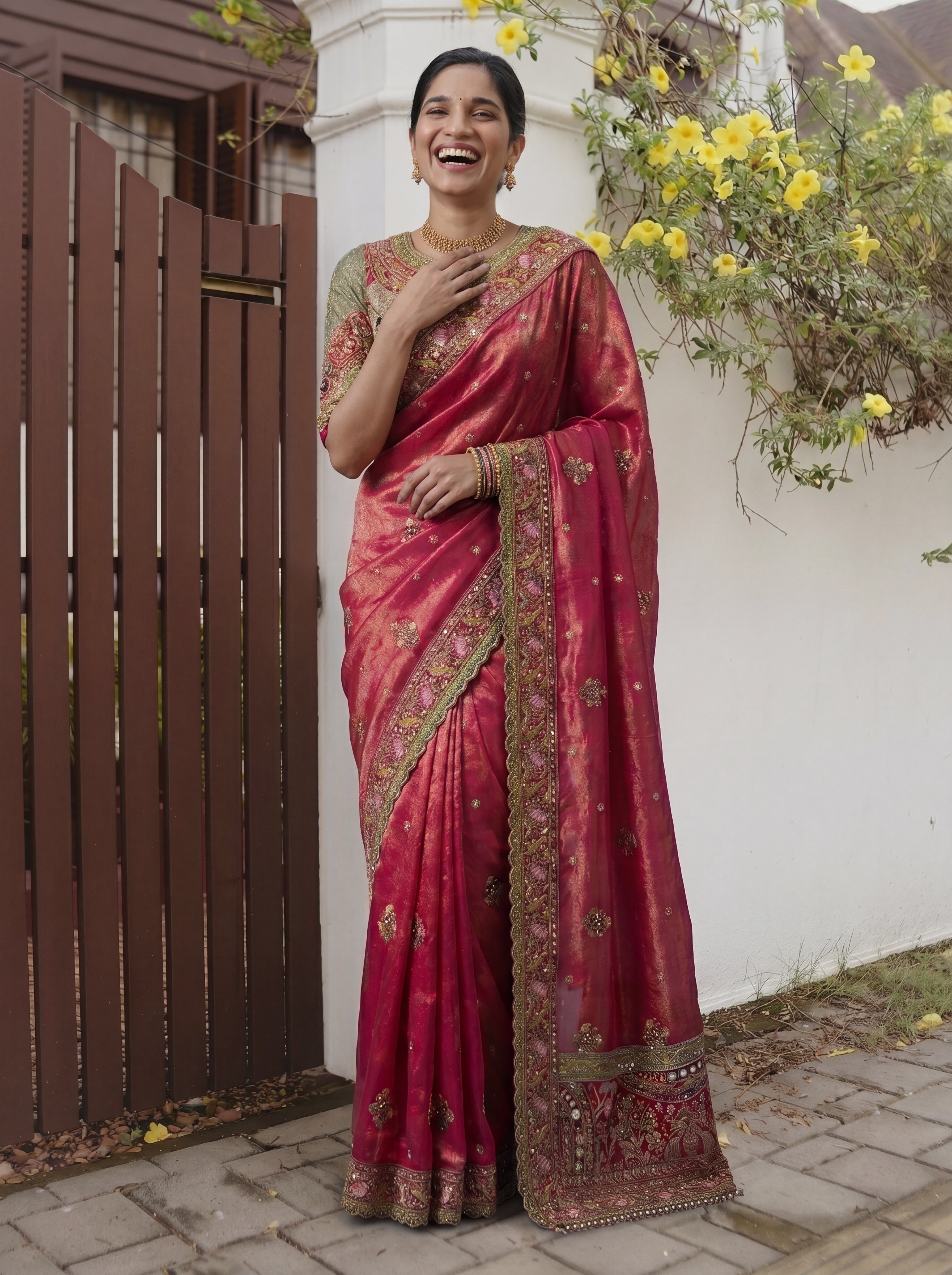 Royal Rani Tissue Saree with Intricate Handwork and Mirror Border