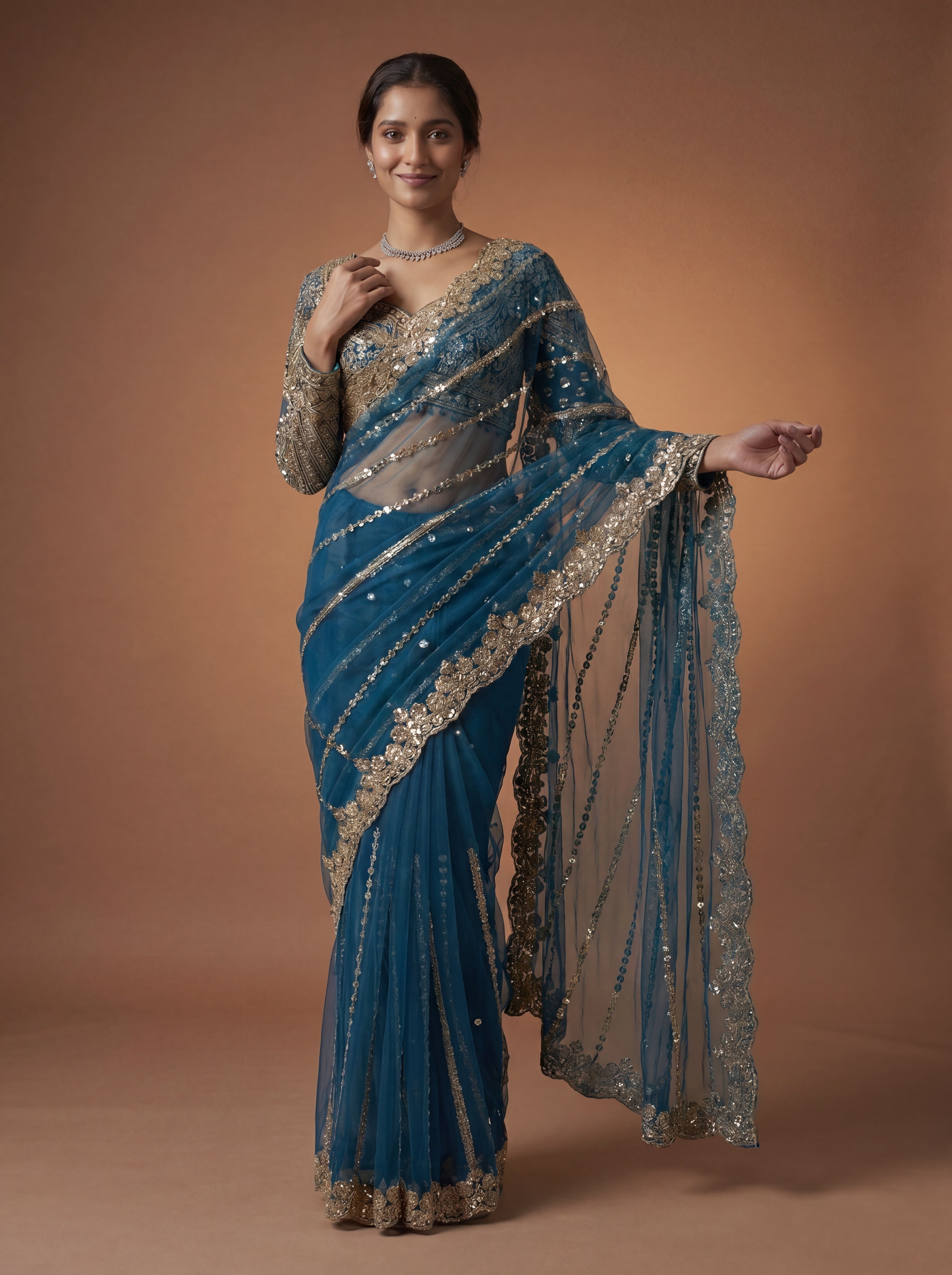Luxury Morpich Beige Net Saree with Rich Embroidery & Blouse