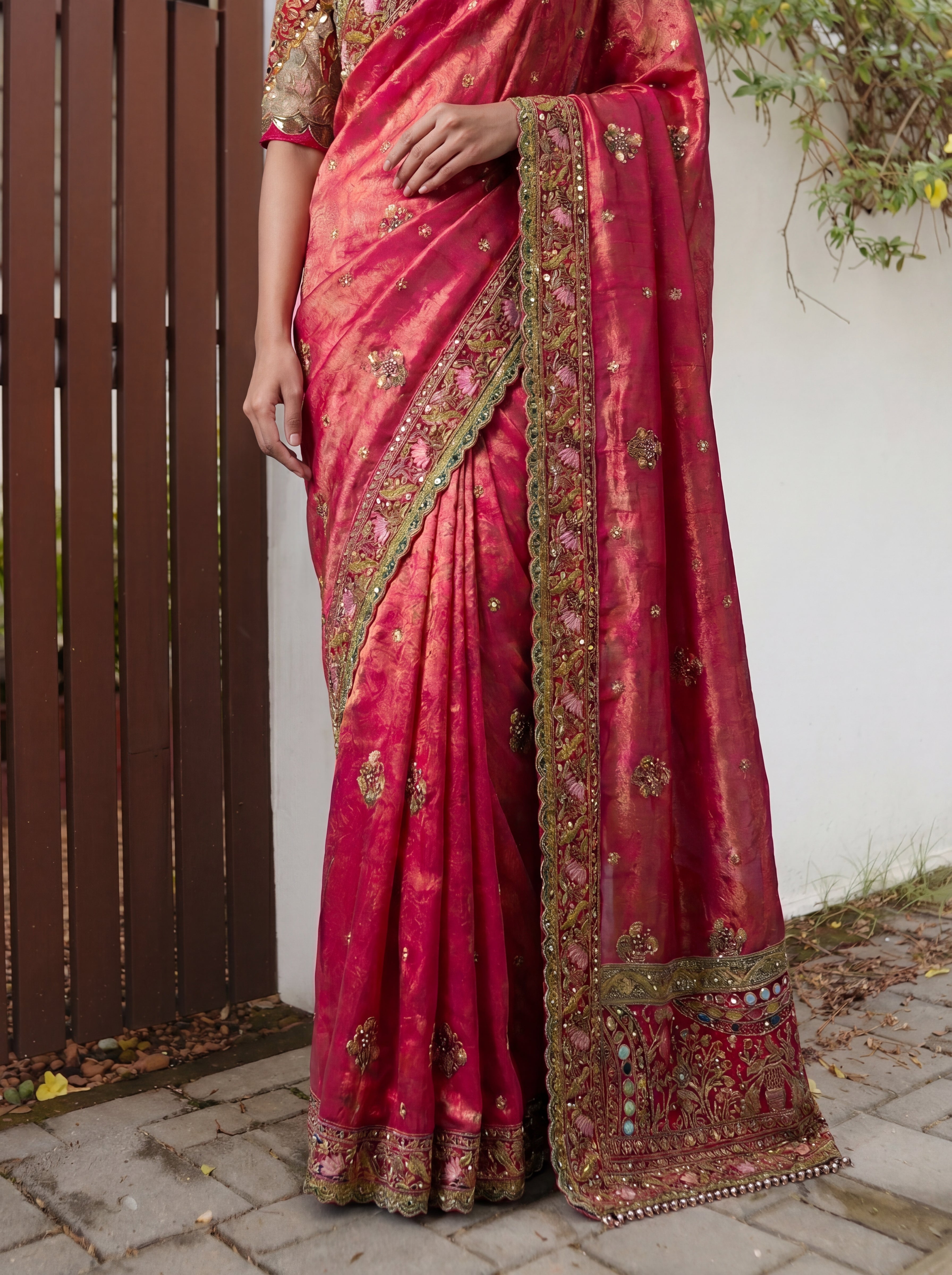 Royal Rani Tissue Saree with Intricate Handwork and Mirror Border