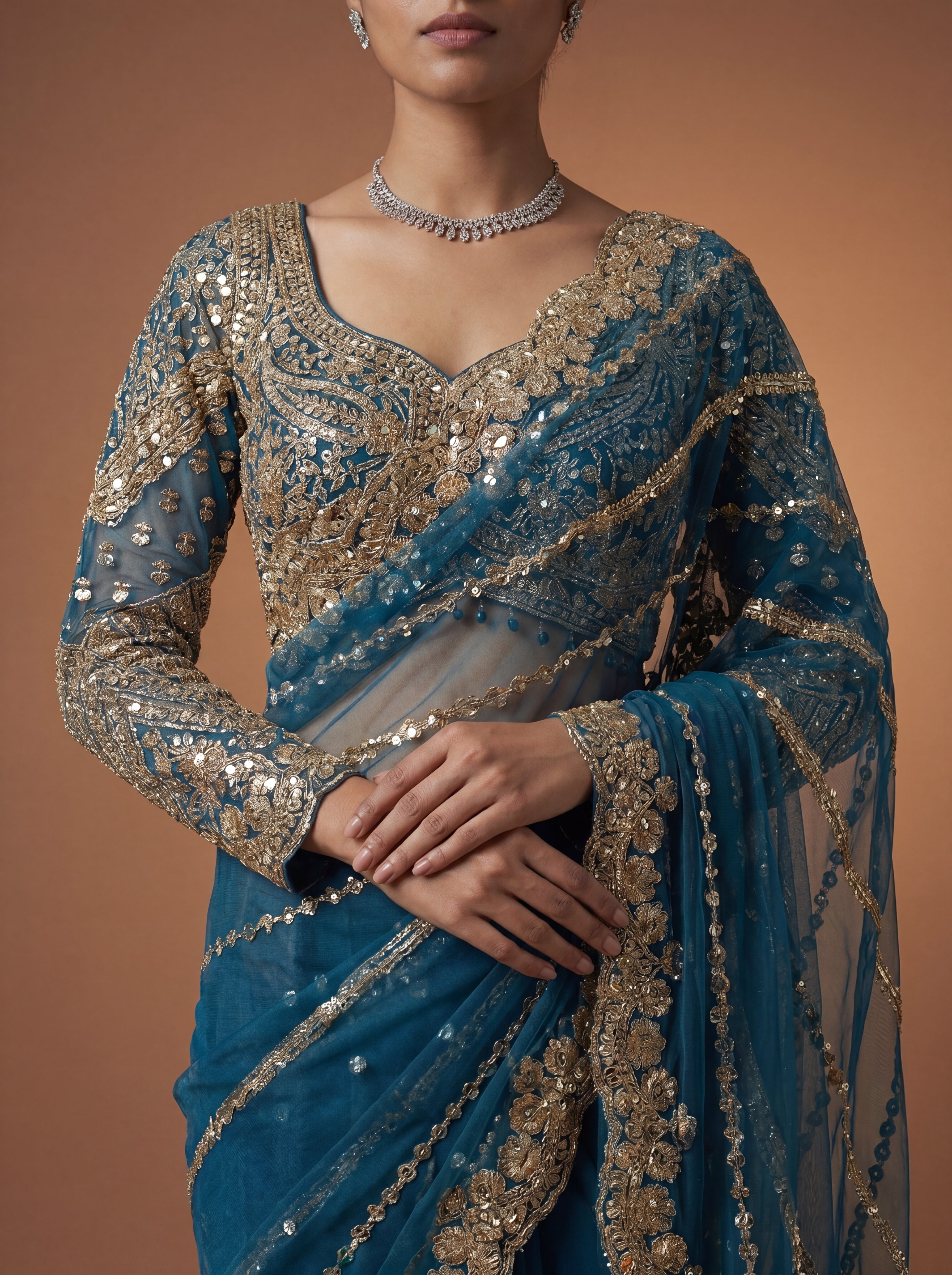 Luxury Morpich Beige Net Saree with Rich Embroidery & Blouse