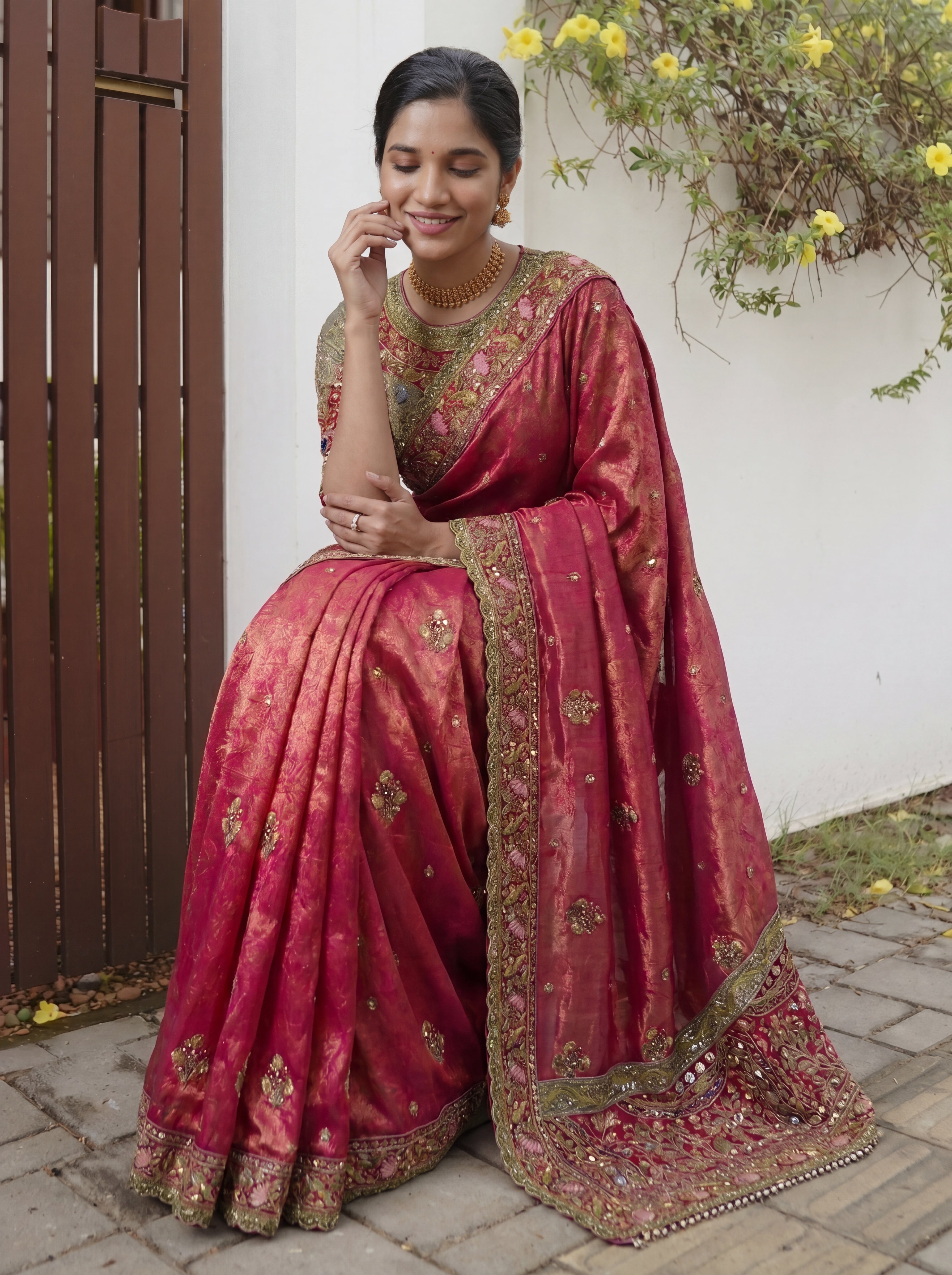 Royal Rani Tissue Saree with Intricate Handwork and Mirror Border