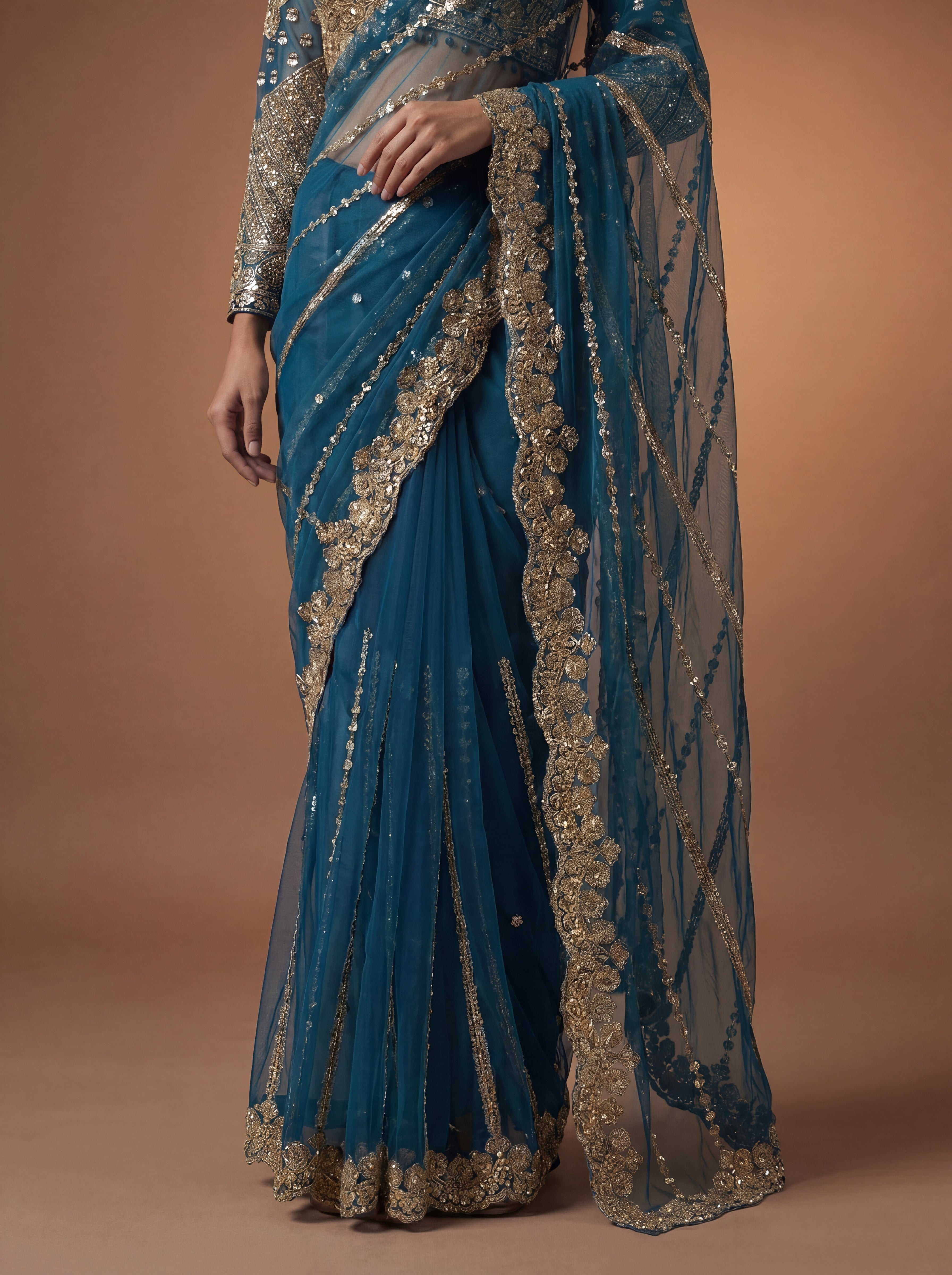 Luxury Morpich Beige Net Saree with Rich Embroidery & Blouse