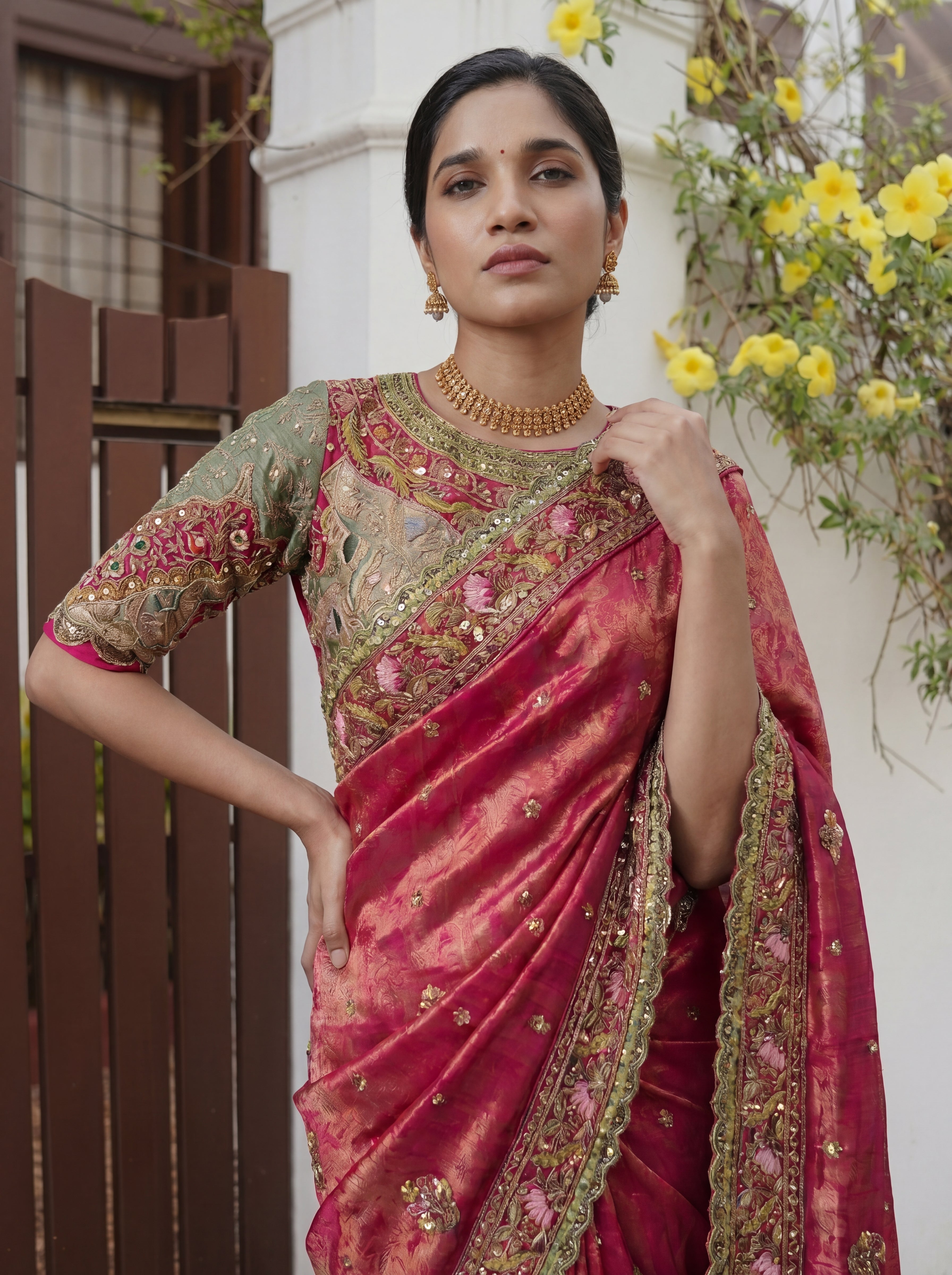 Royal Rani Tissue Saree with Intricate Handwork and Mirror Border