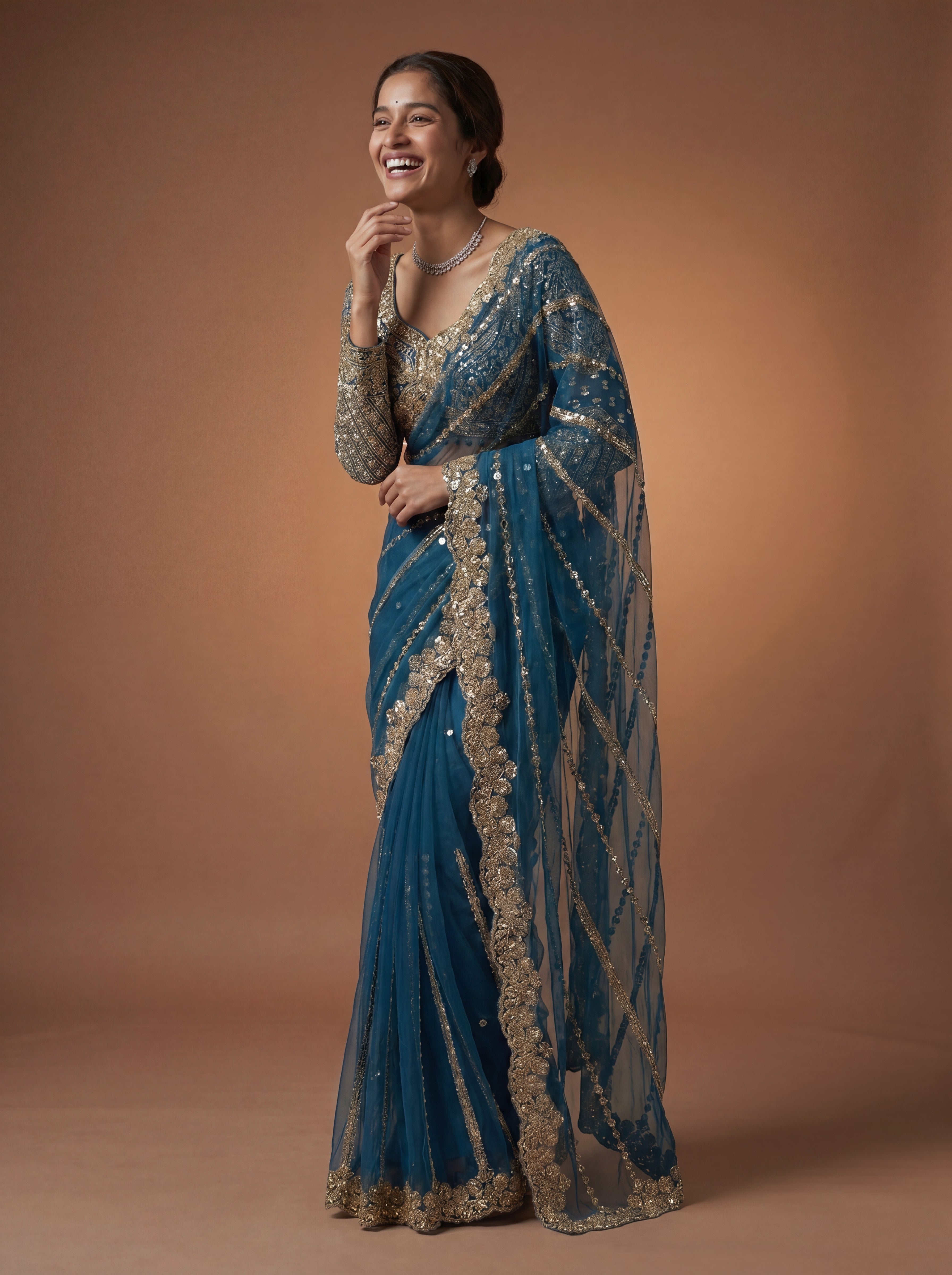 Luxury Morpich Beige Net Saree with Rich Embroidery & Blouse