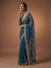 Luxury Morpich Beige Net Saree with Rich Embroidery & Blouse