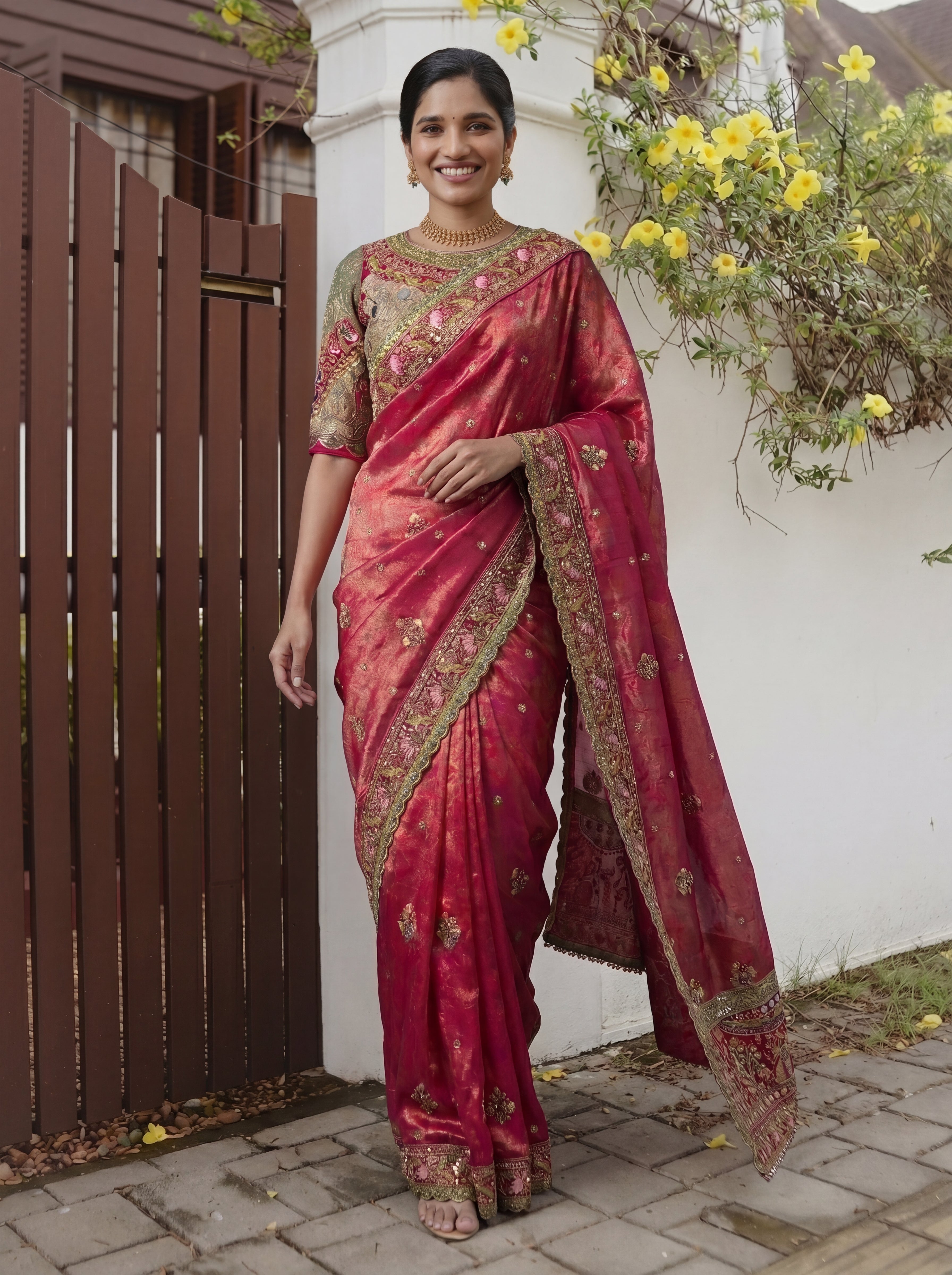 Royal Rani Tissue Saree with Intricate Handwork and Mirror Border