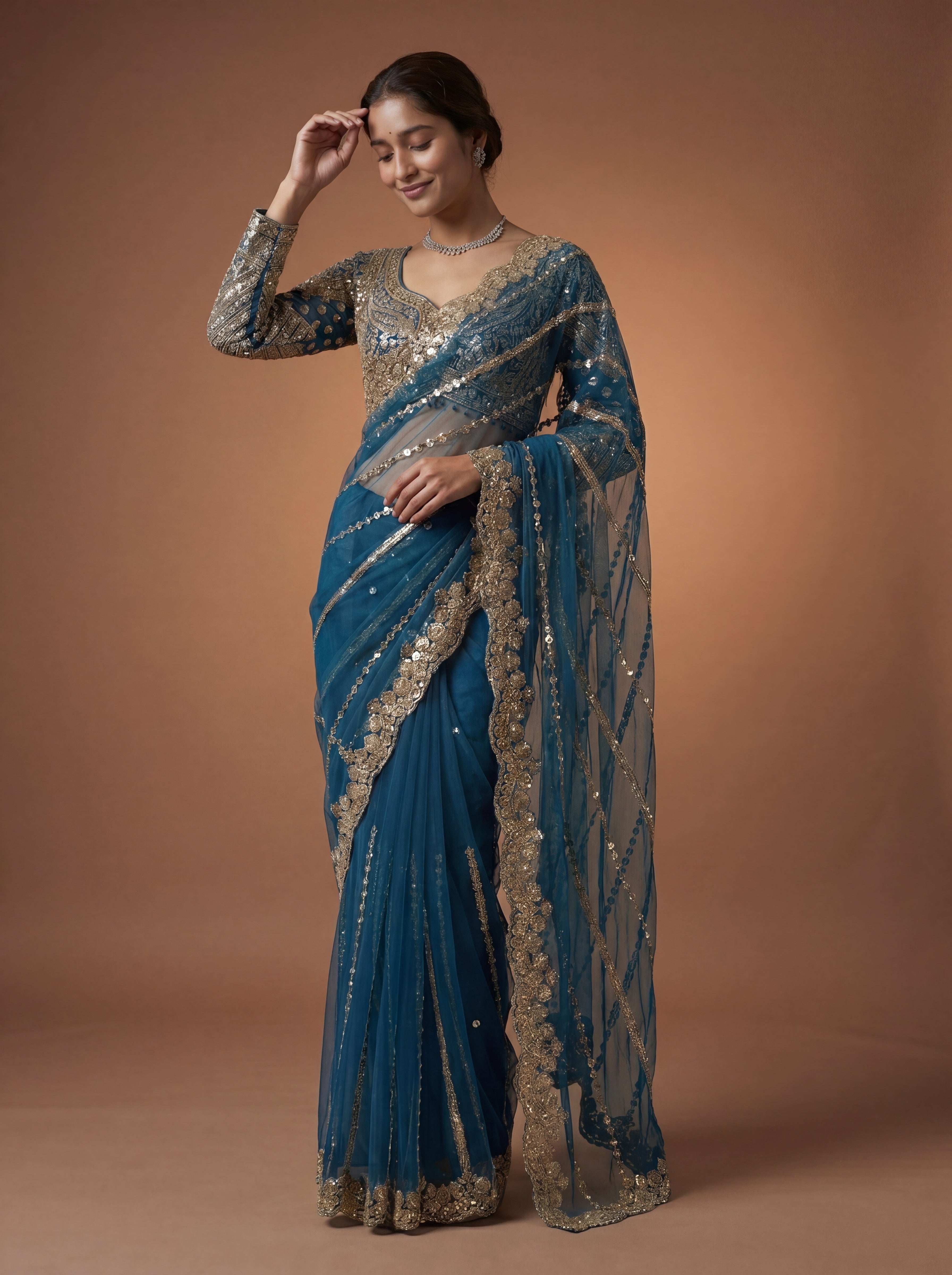 Luxury Morpich Beige Net Saree with Rich Embroidery & Blouse