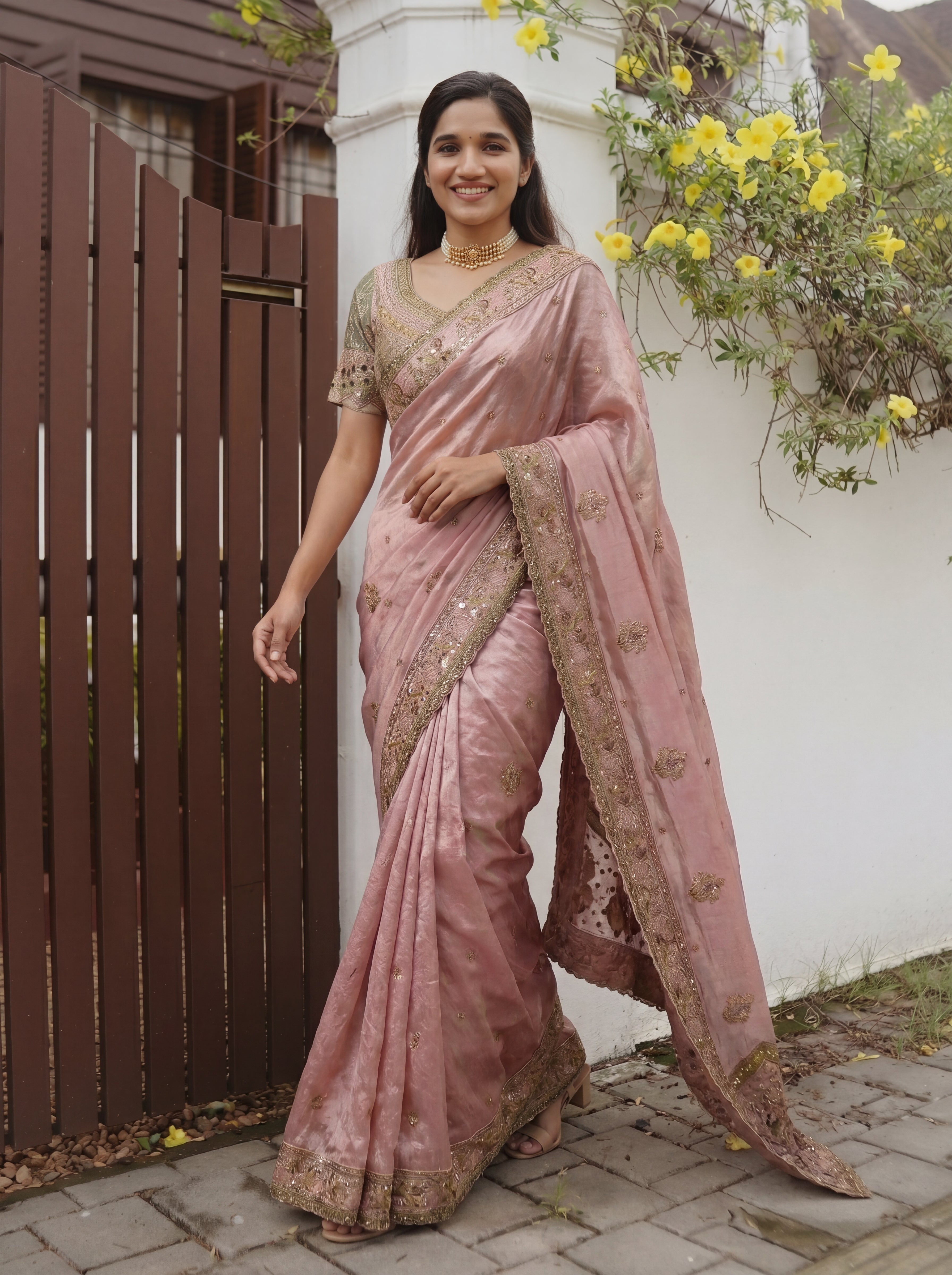 Royal Pink Tissue Saree with Intricate Handwork and Mirror Border