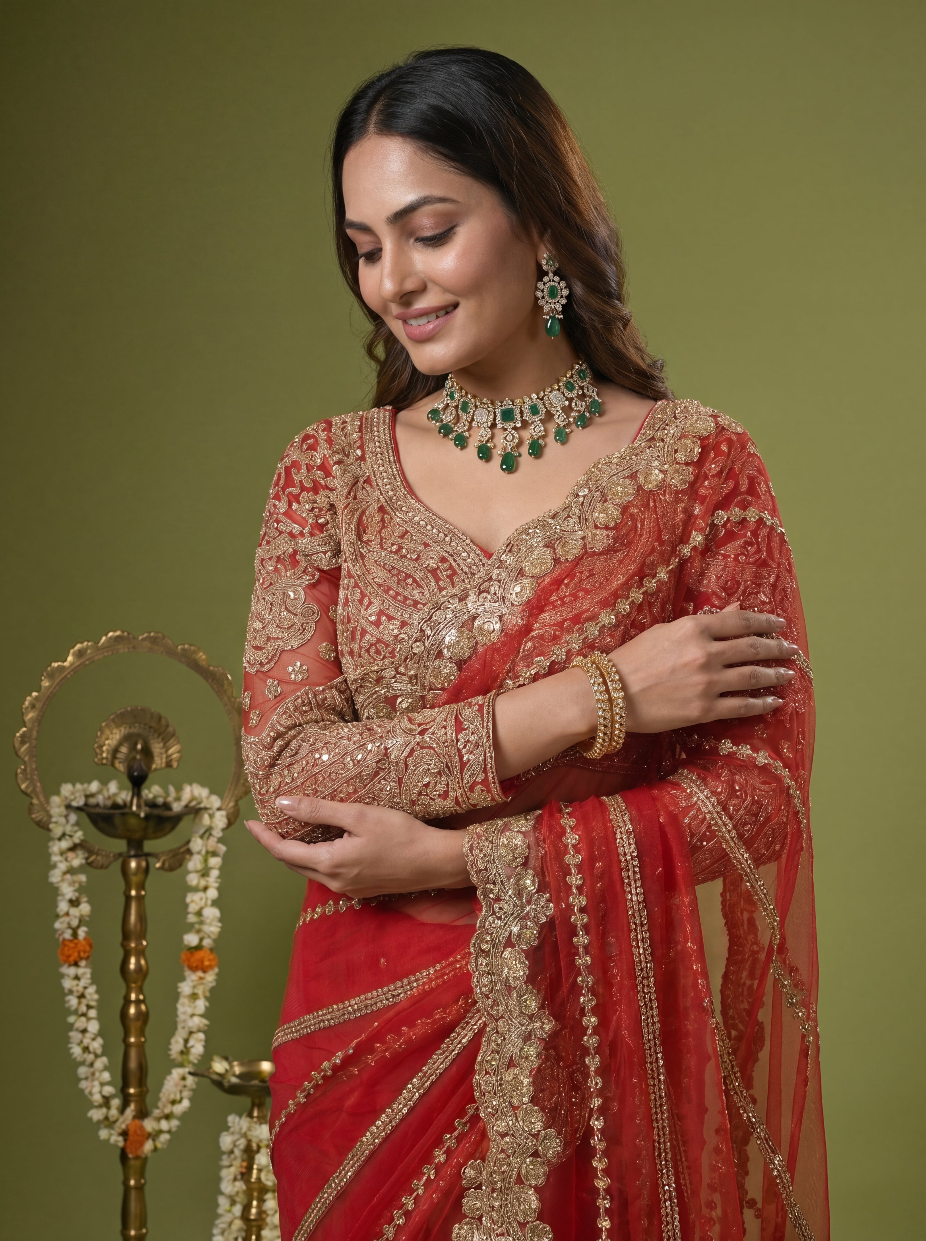 Luxury Red Beige Net Saree with Rich Embroidery & Blouse