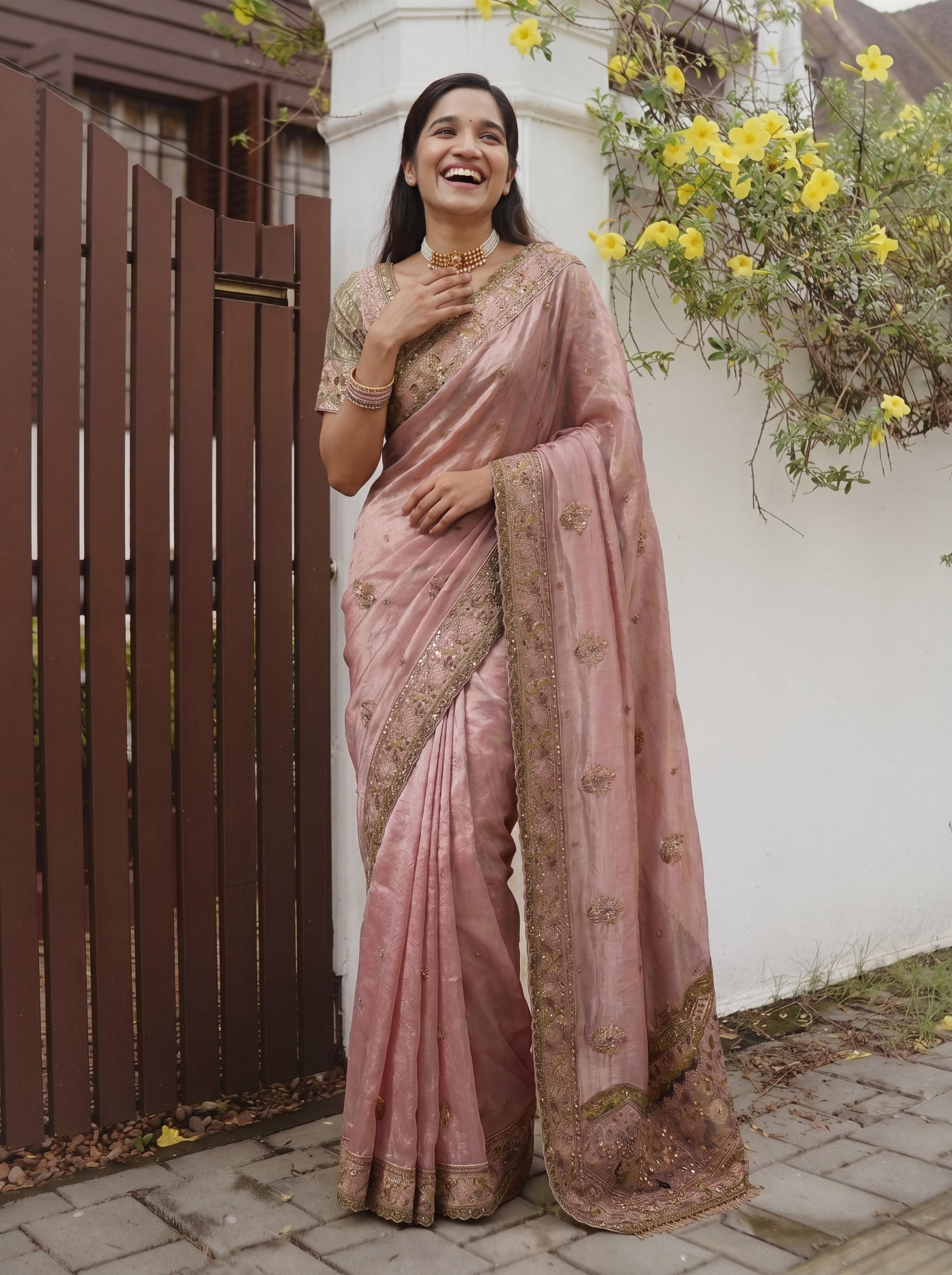 Royal Pink Tissue Saree with Intricate Handwork and Mirror Border