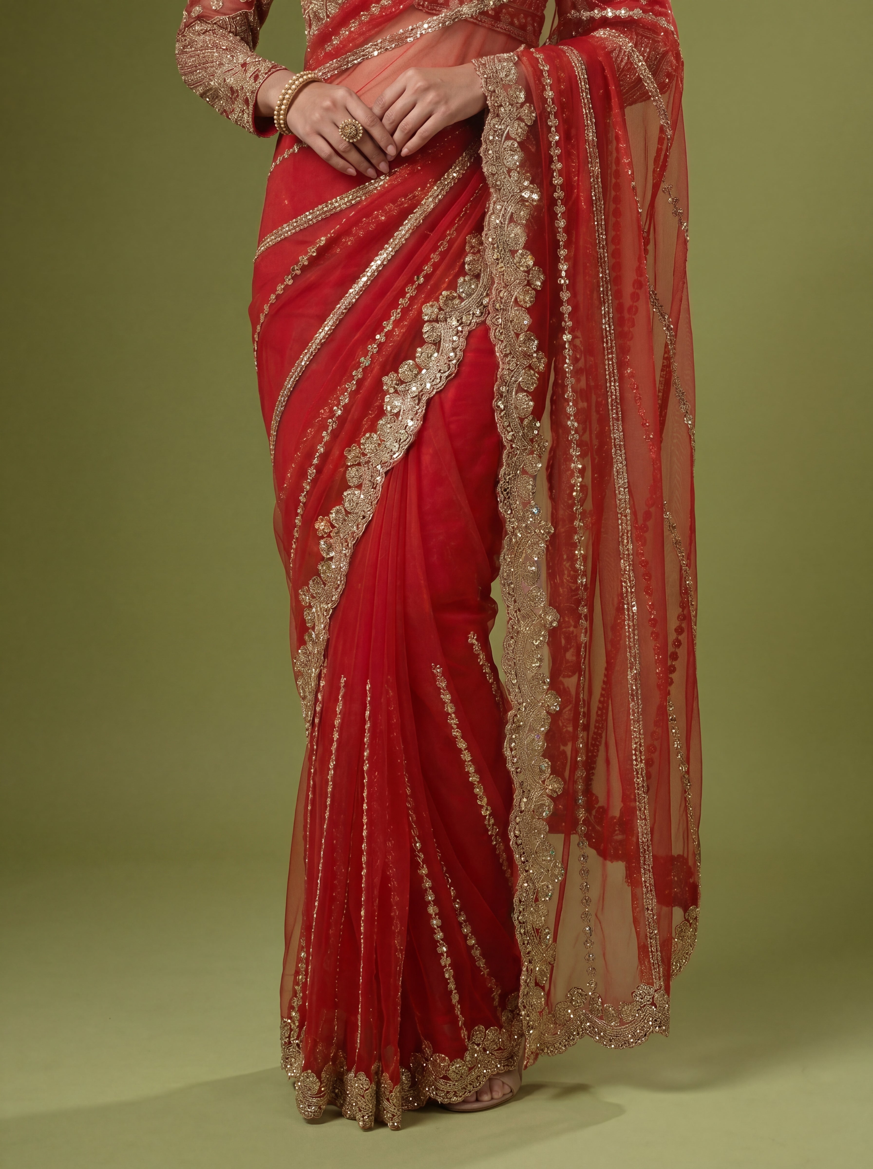 Luxury Red Beige Net Saree with Rich Embroidery & Blouse