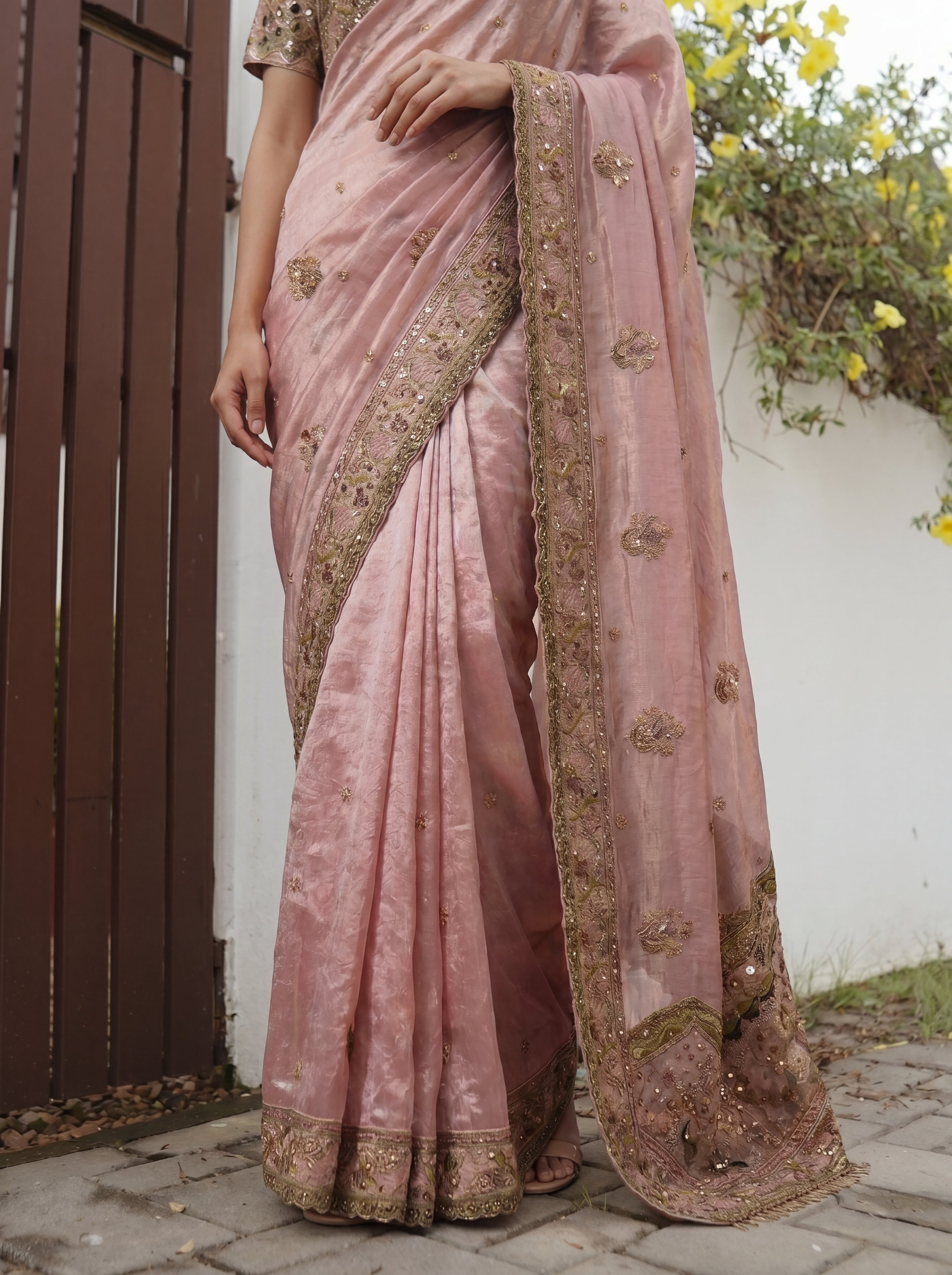 Royal Pink Tissue Saree with Intricate Handwork and Mirror Border
