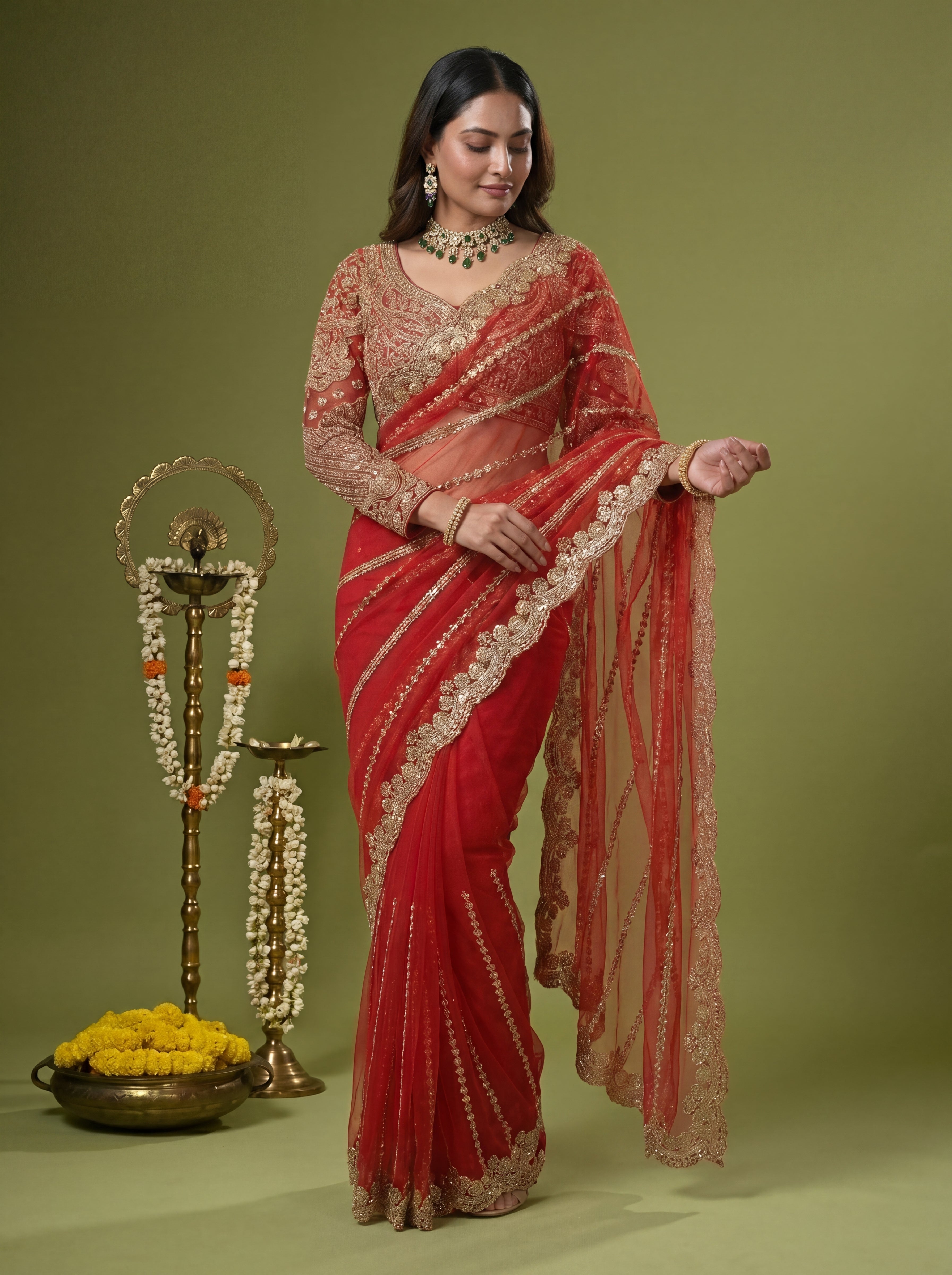 Luxury Red Beige Net Saree with Rich Embroidery & Blouse