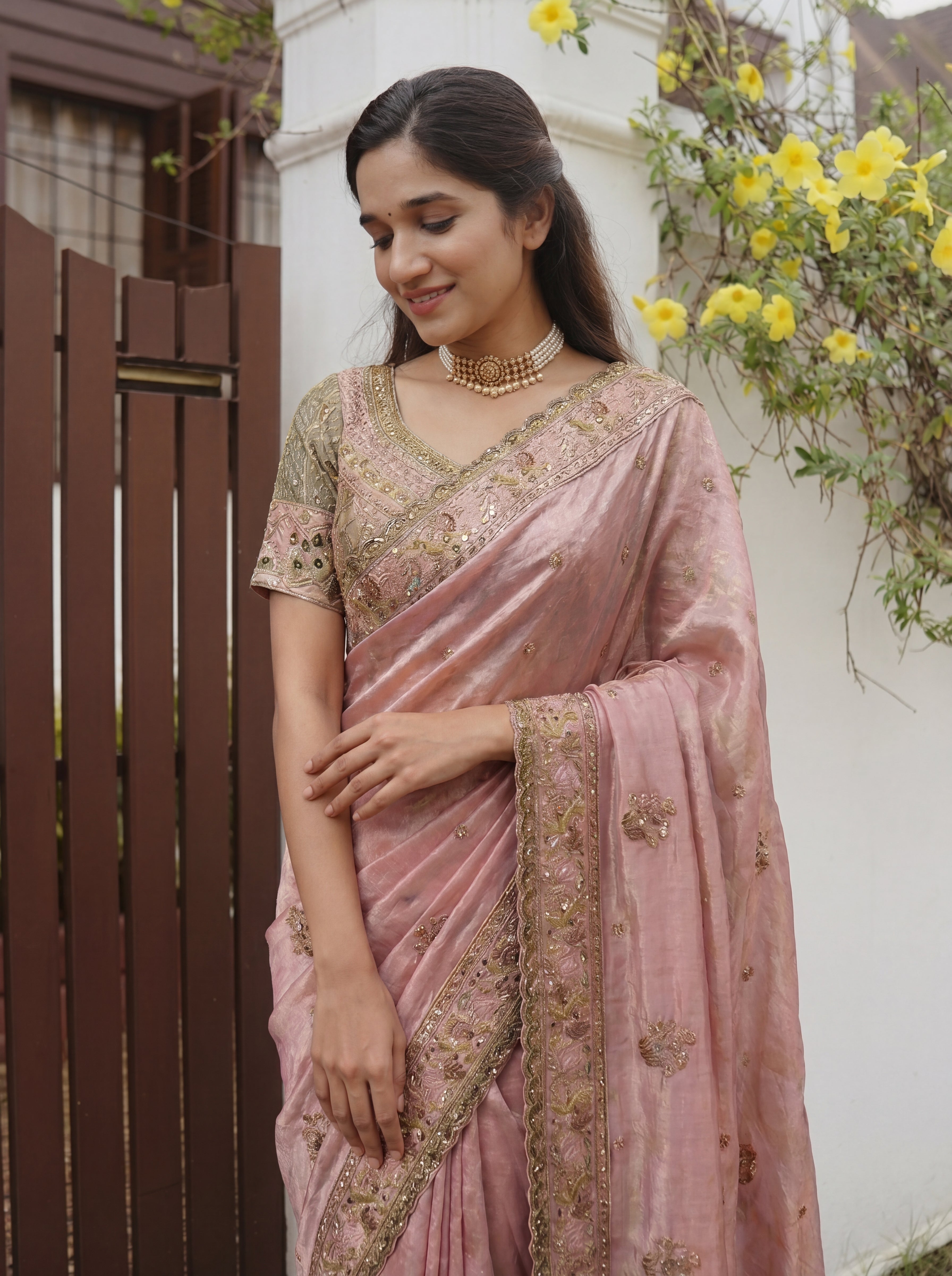 Royal Pink Tissue Saree with Intricate Handwork and Mirror Border