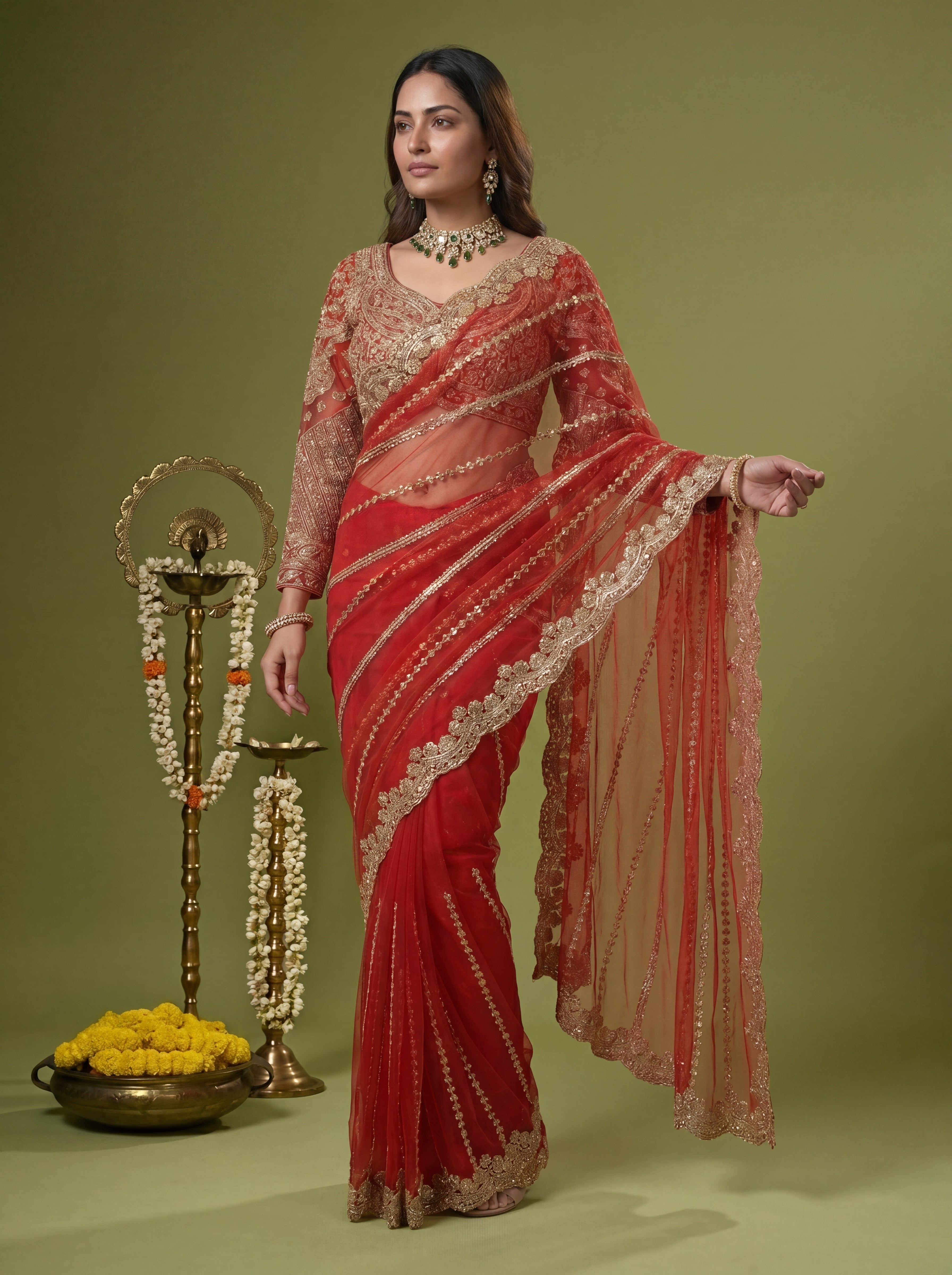 Luxury Red Beige Net Saree with Rich Embroidery & Blouse