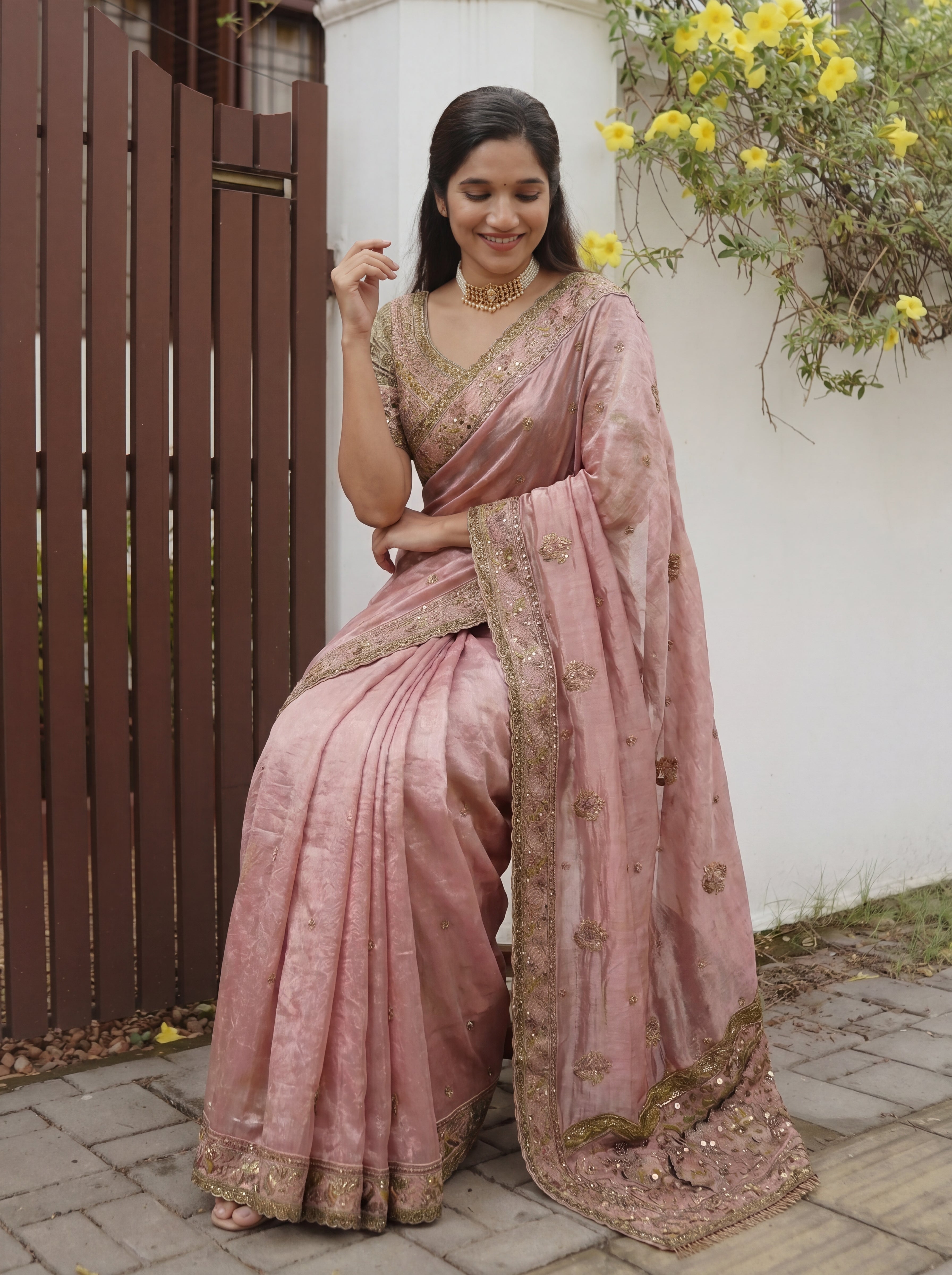Royal Pink Tissue Saree with Intricate Handwork and Mirror Border