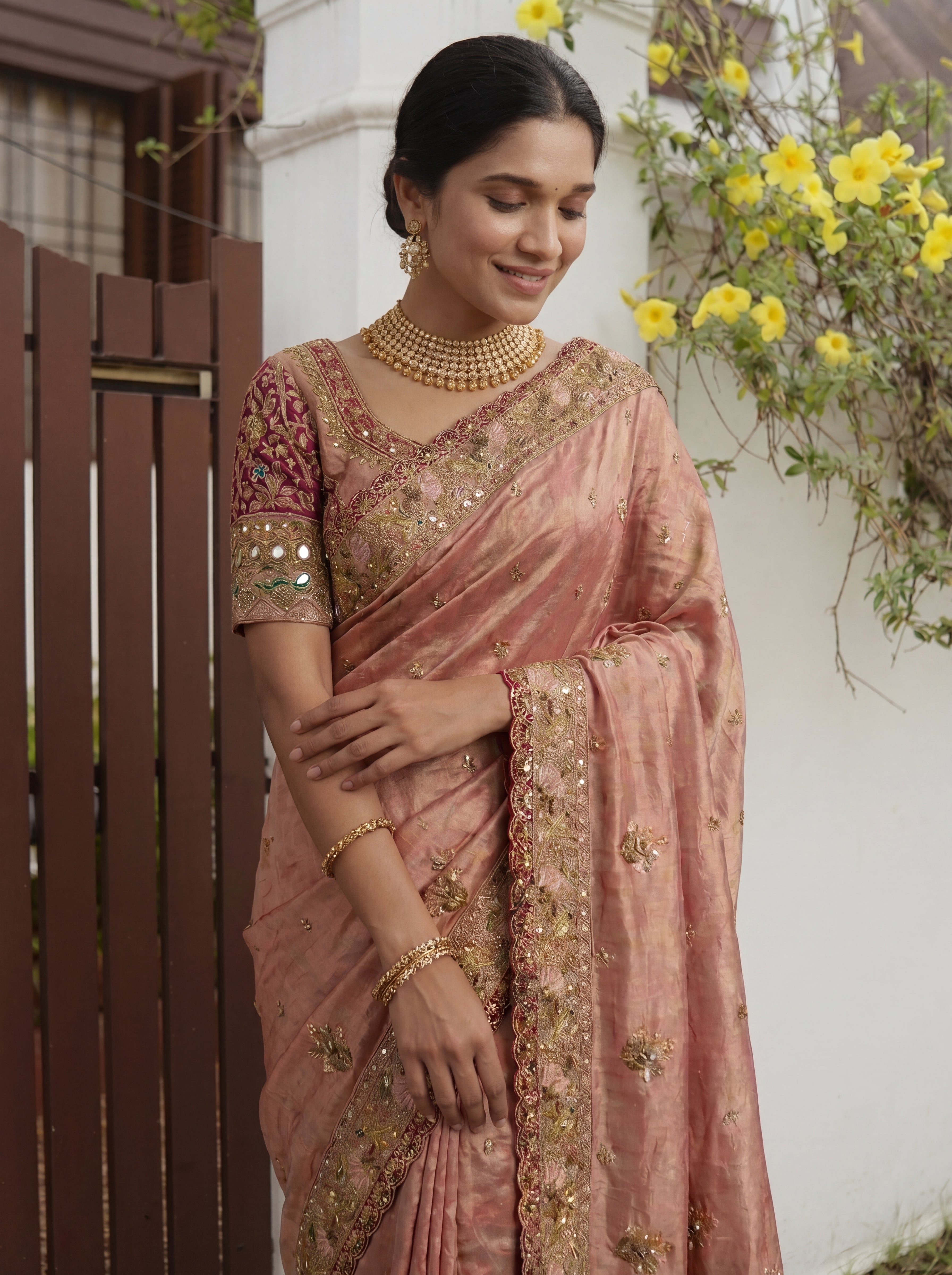 Royal Chiku Tissue Saree with Intricate Handwork and Mirror Border