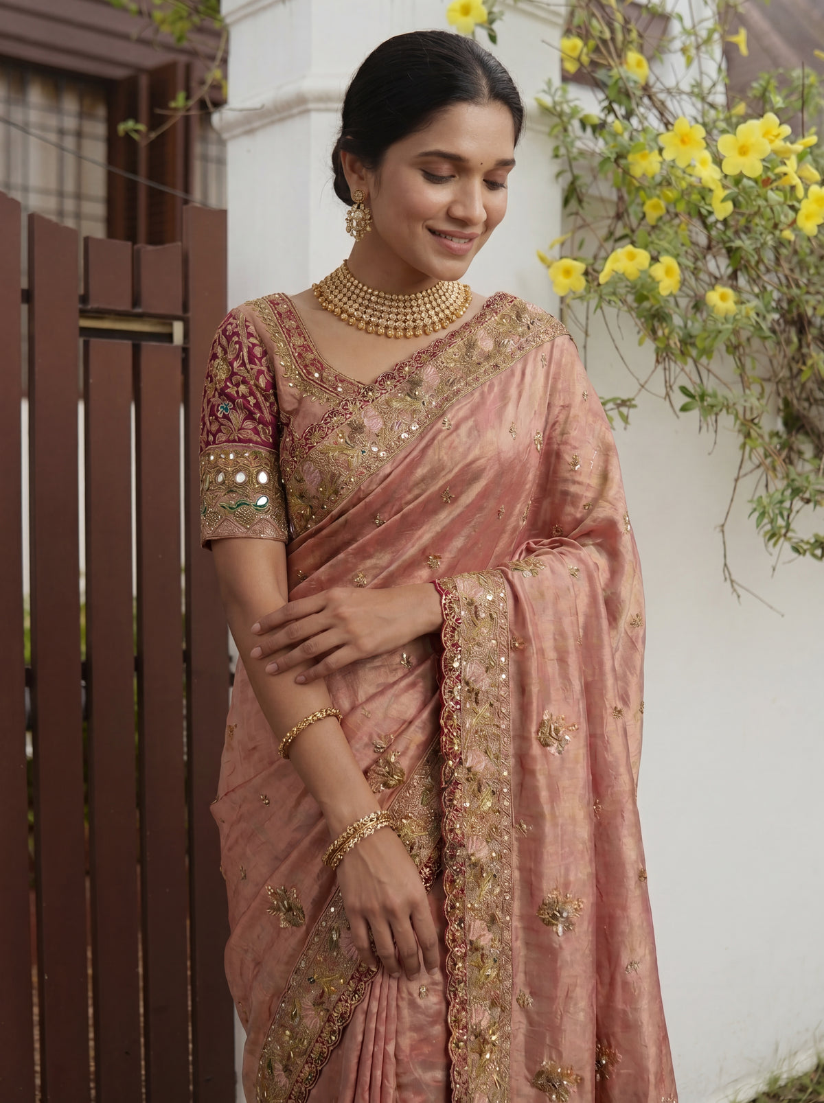 Royal Chiku Tissue Saree with Intricate Handwork and Mirror Border