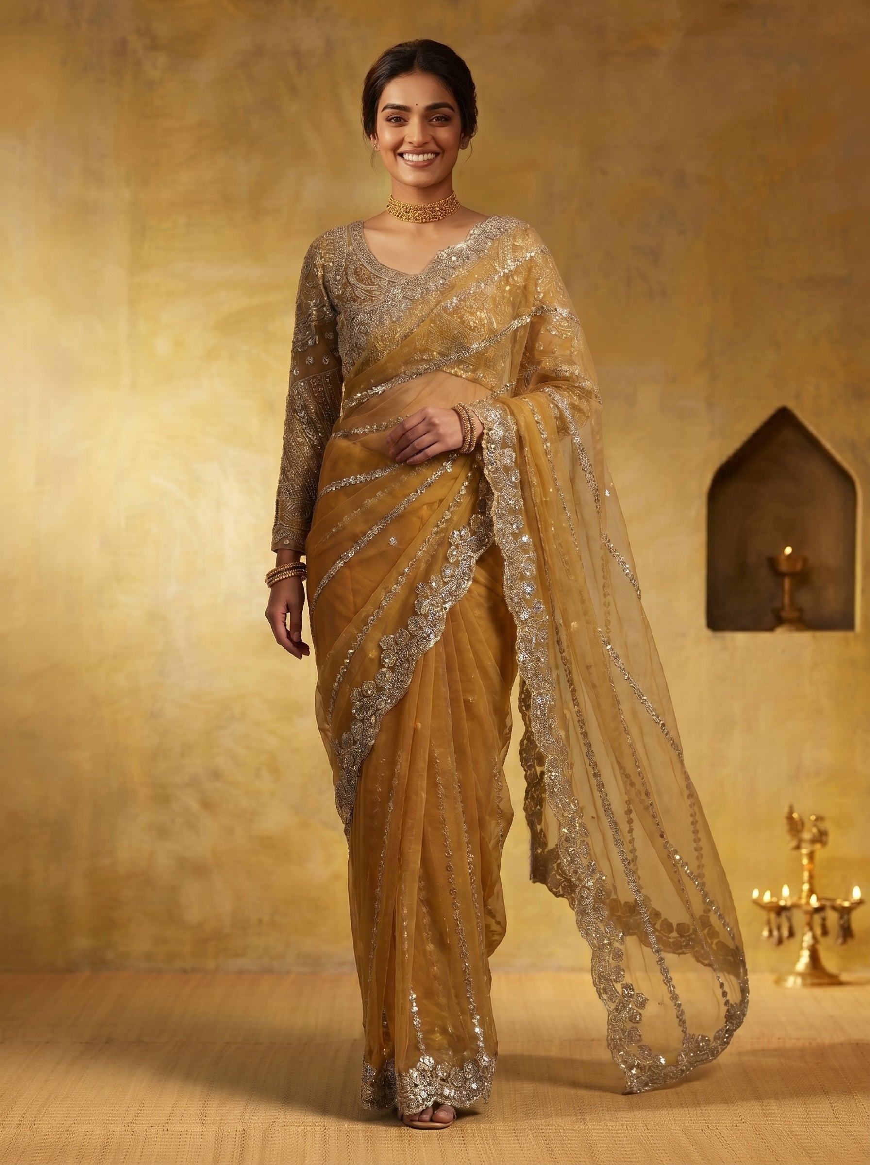 Luxury Mustard Beige Net Saree with Rich Embroidery & Blouse