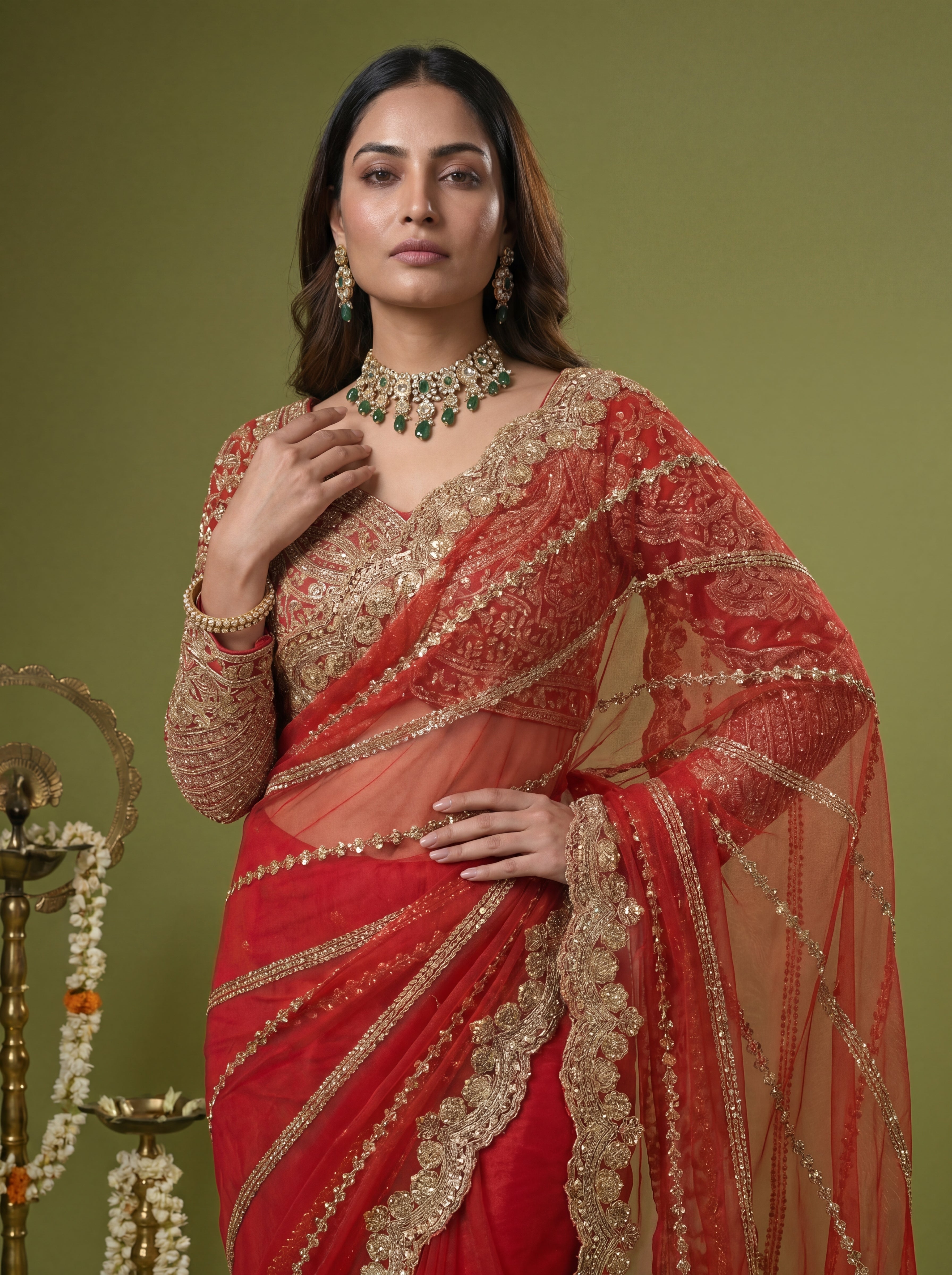 Luxury Red Beige Net Saree with Rich Embroidery & Blouse