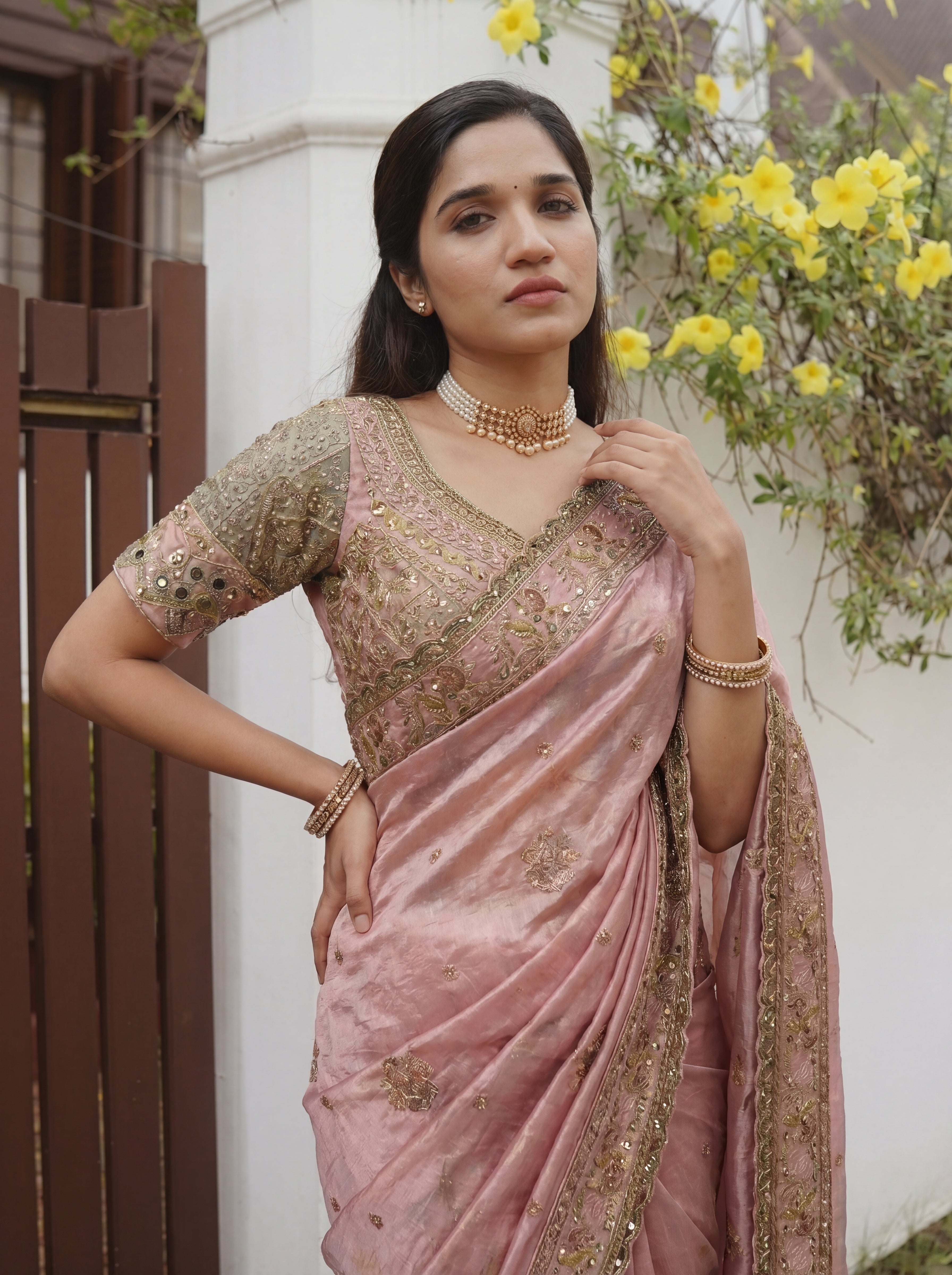 Royal Pink Tissue Saree with Intricate Handwork and Mirror Border