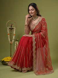 Luxury Red Beige Net Saree with Rich Embroidery & Blouse