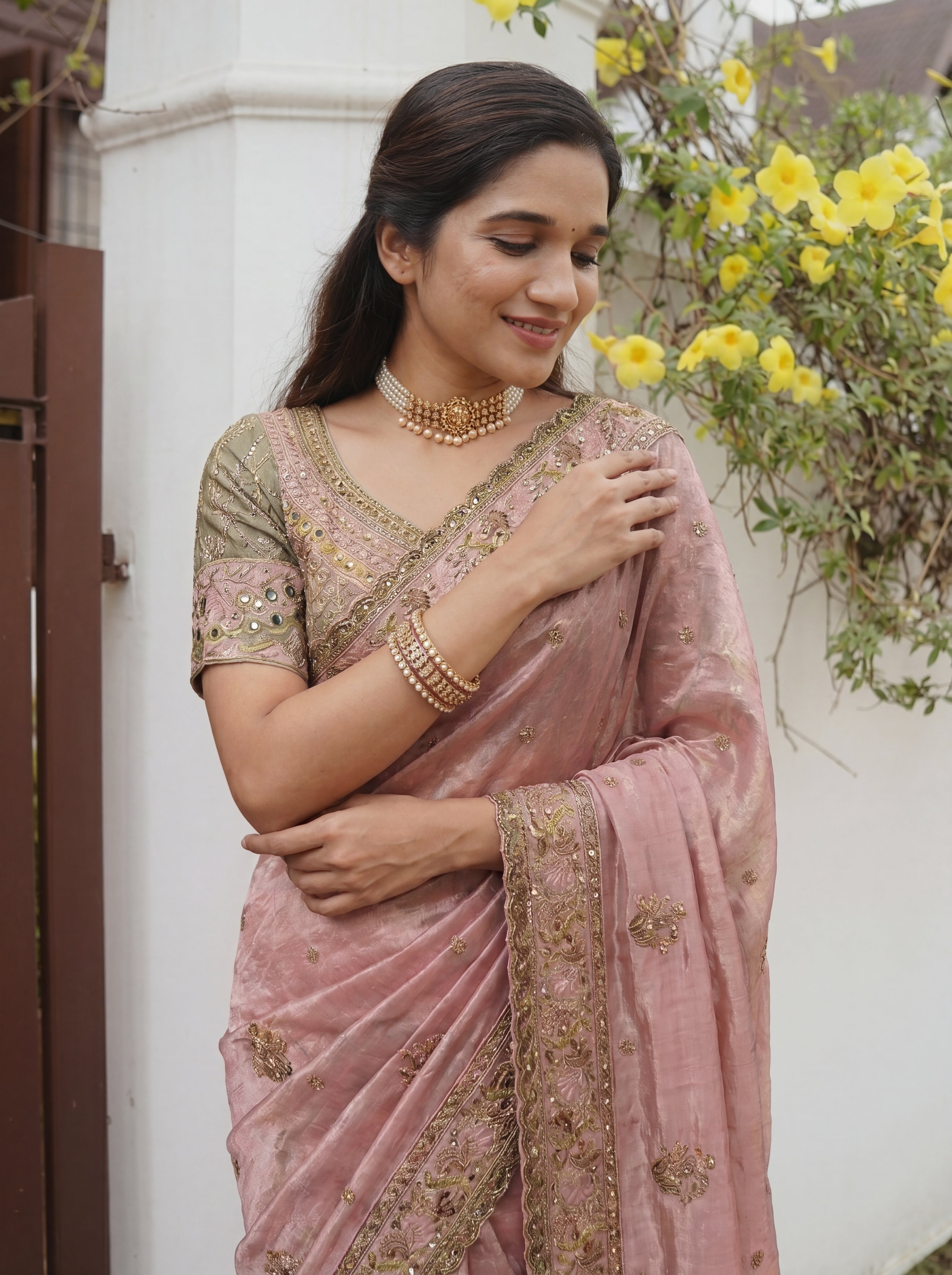 Royal Pink Tissue Saree with Intricate Handwork and Mirror Border