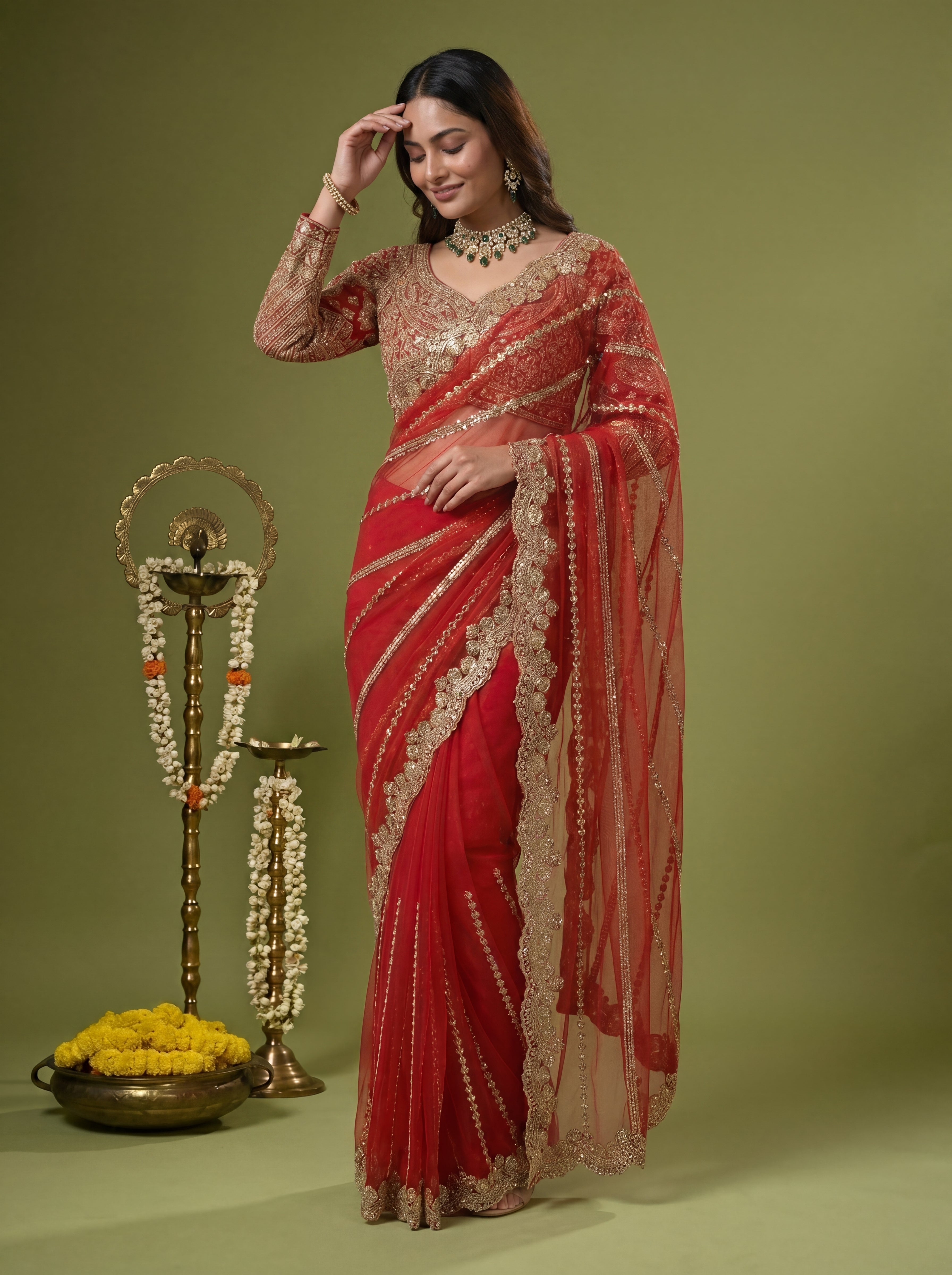 Luxury Red Beige Net Saree with Rich Embroidery & Blouse