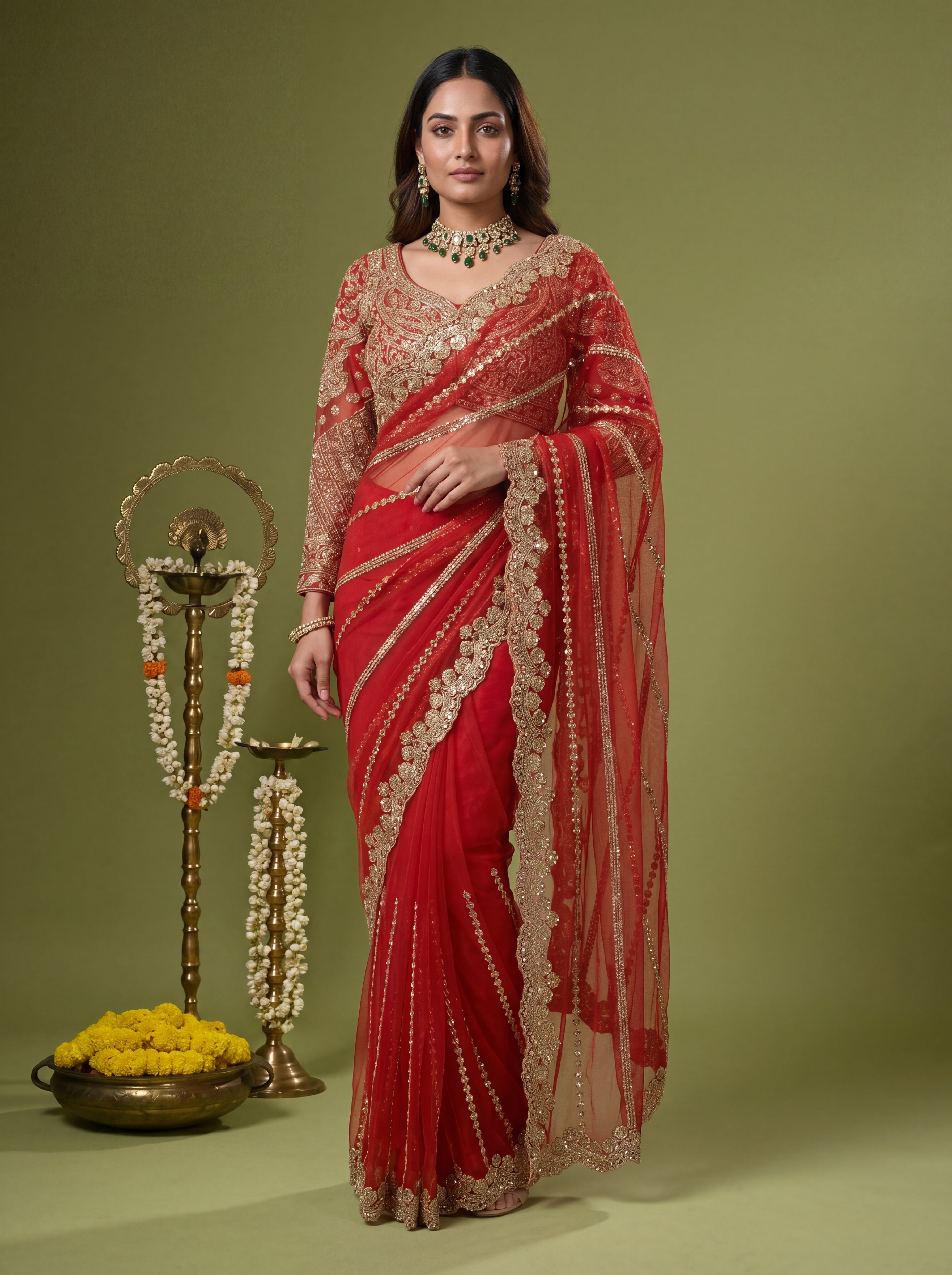 Luxury Red Beige Net Saree with Rich Embroidery & Blouse
