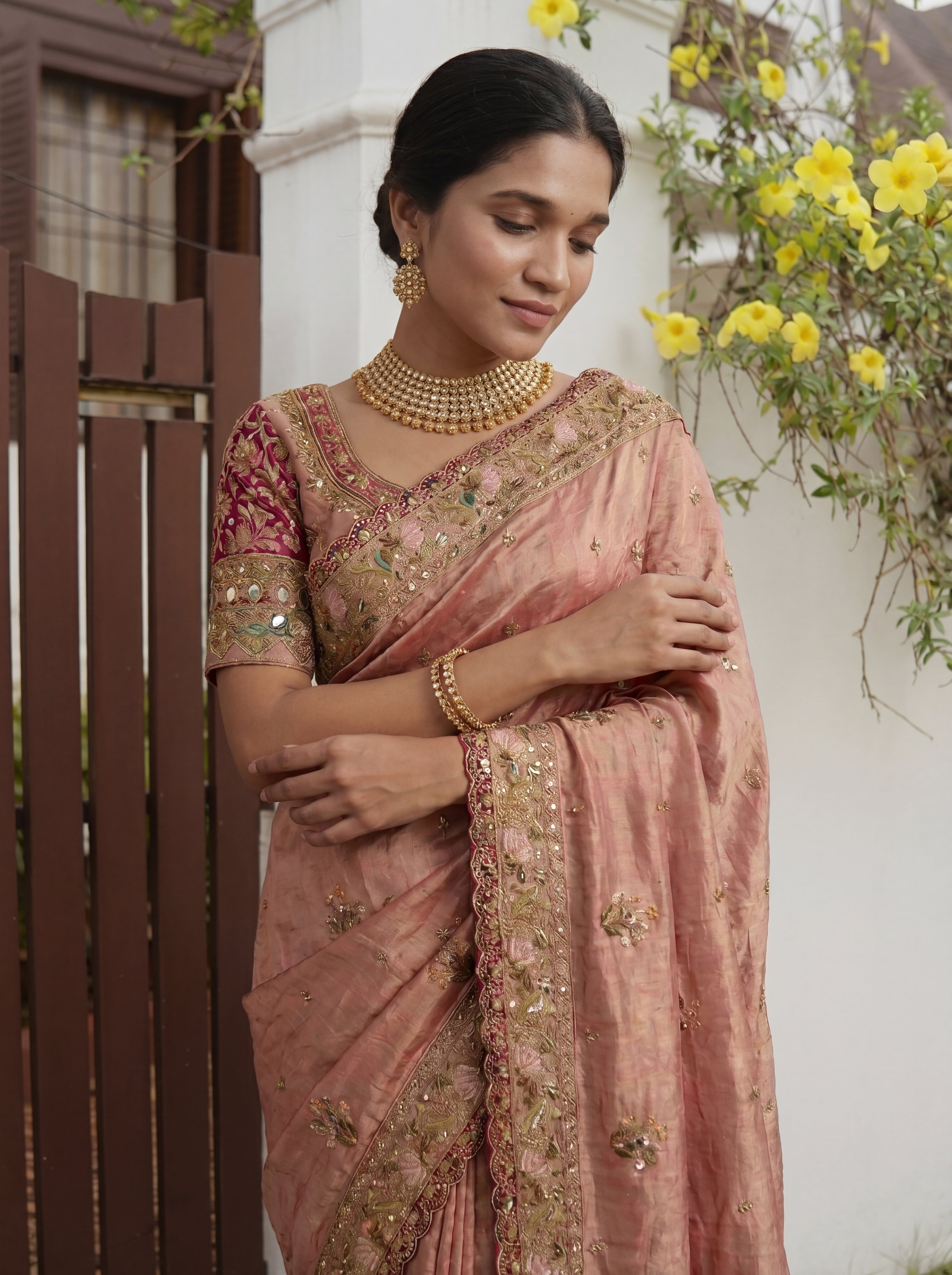 Royal Chiku Tissue Saree with Intricate Handwork and Mirror Border