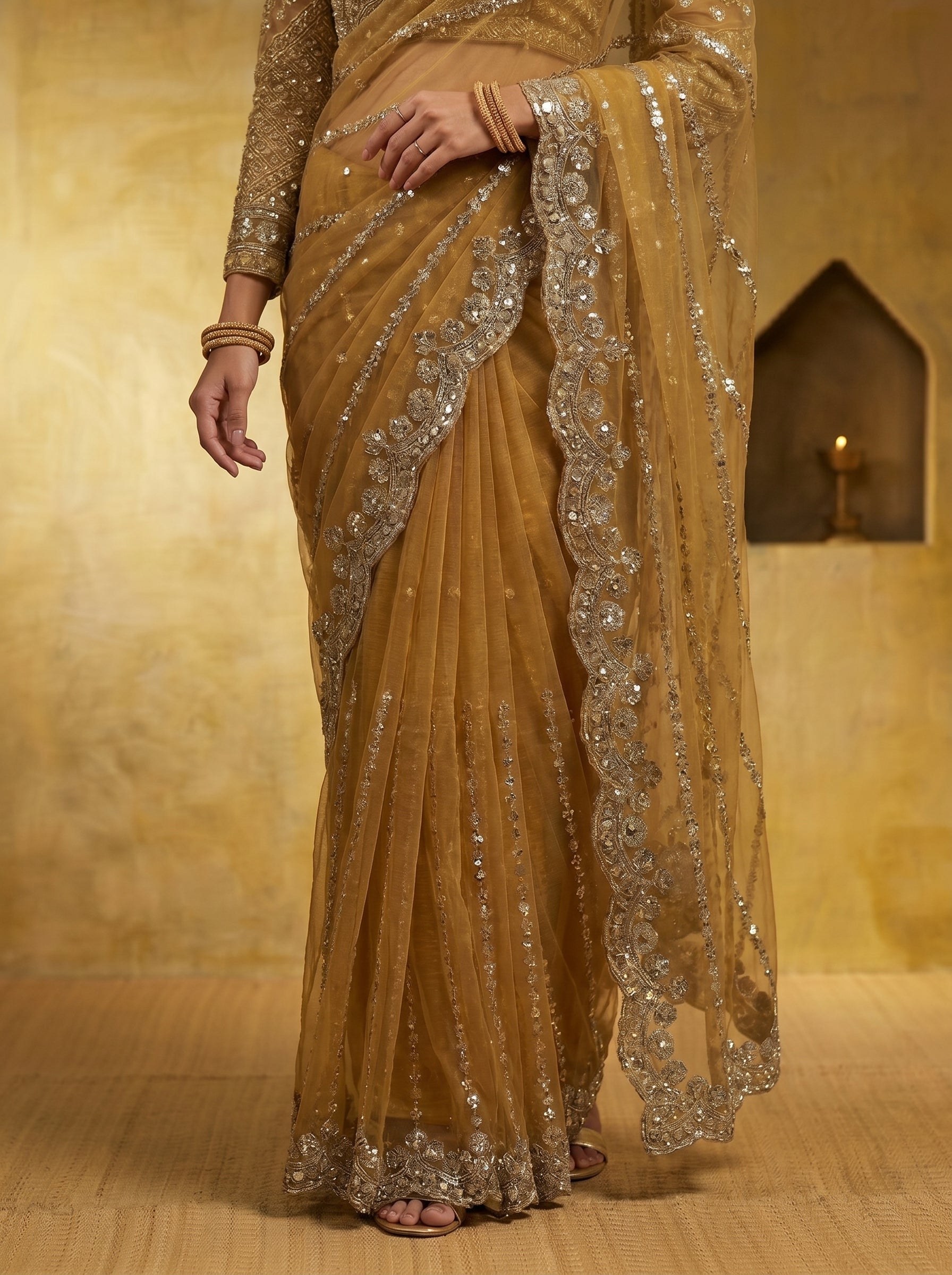 Luxury Mustard Beige Net Saree with Rich Embroidery & Blouse