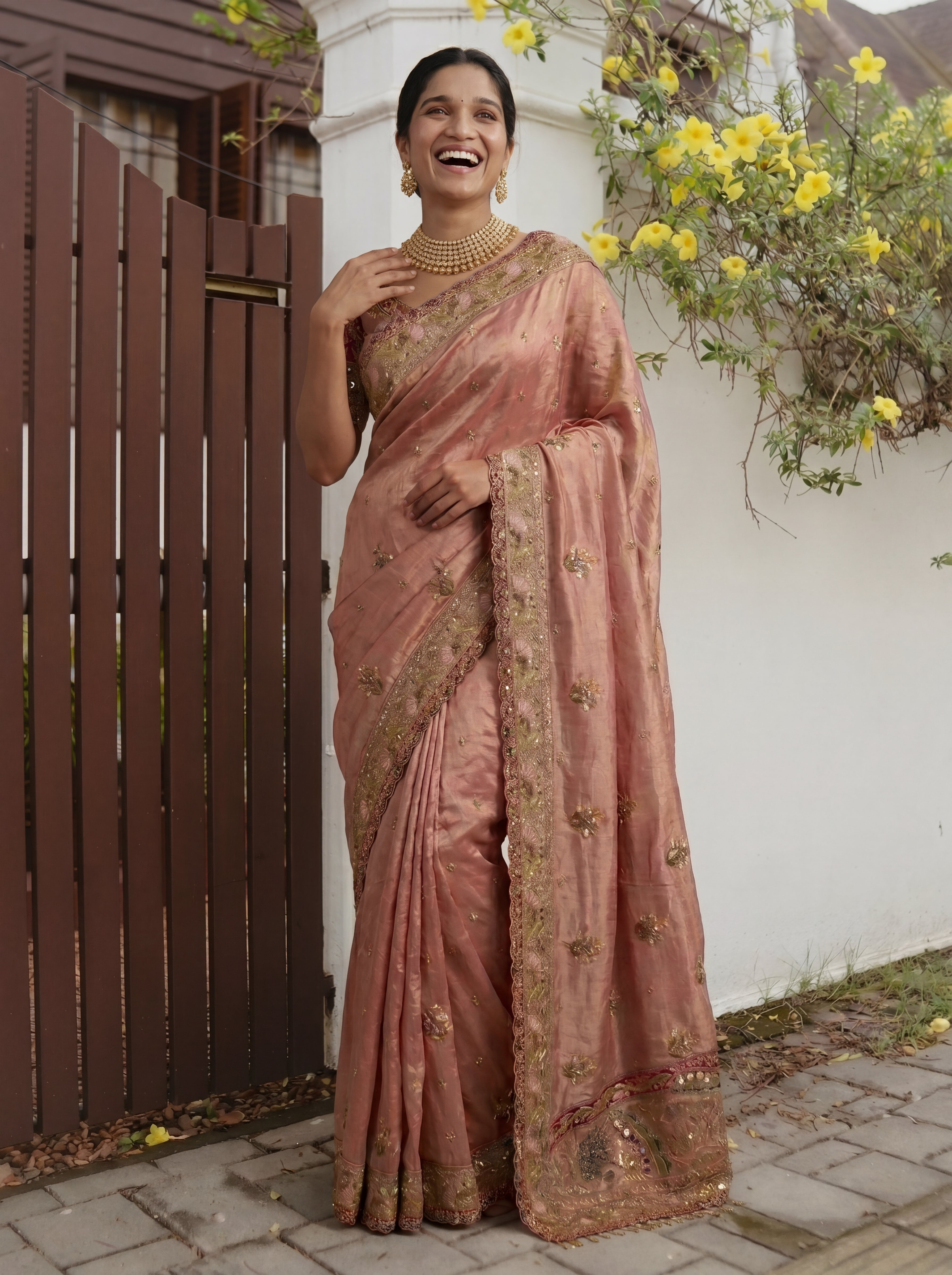 Royal Chiku Tissue Saree with Intricate Handwork and Mirror Border