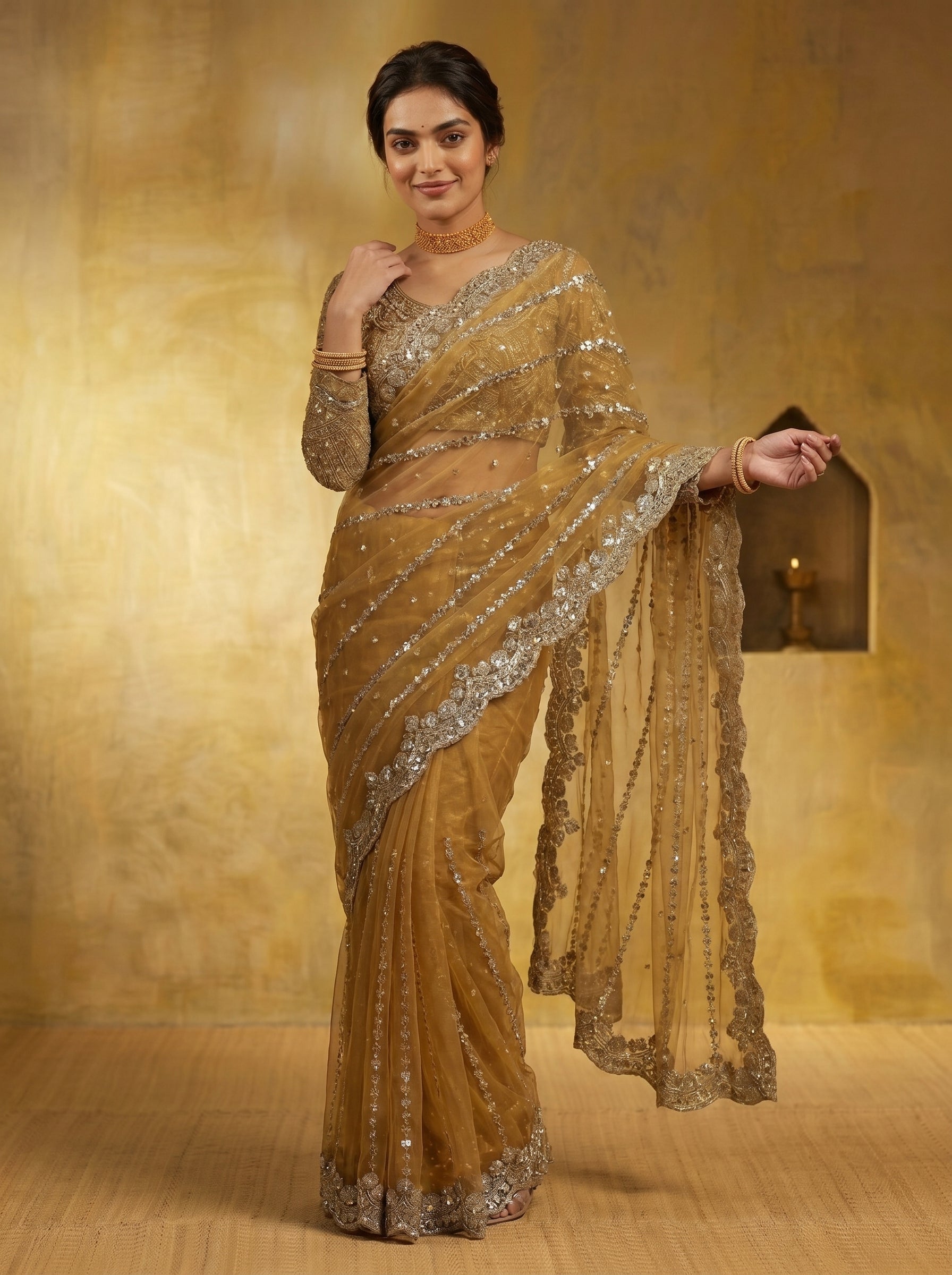Luxury Mustard Beige Net Saree with Rich Embroidery & Blouse