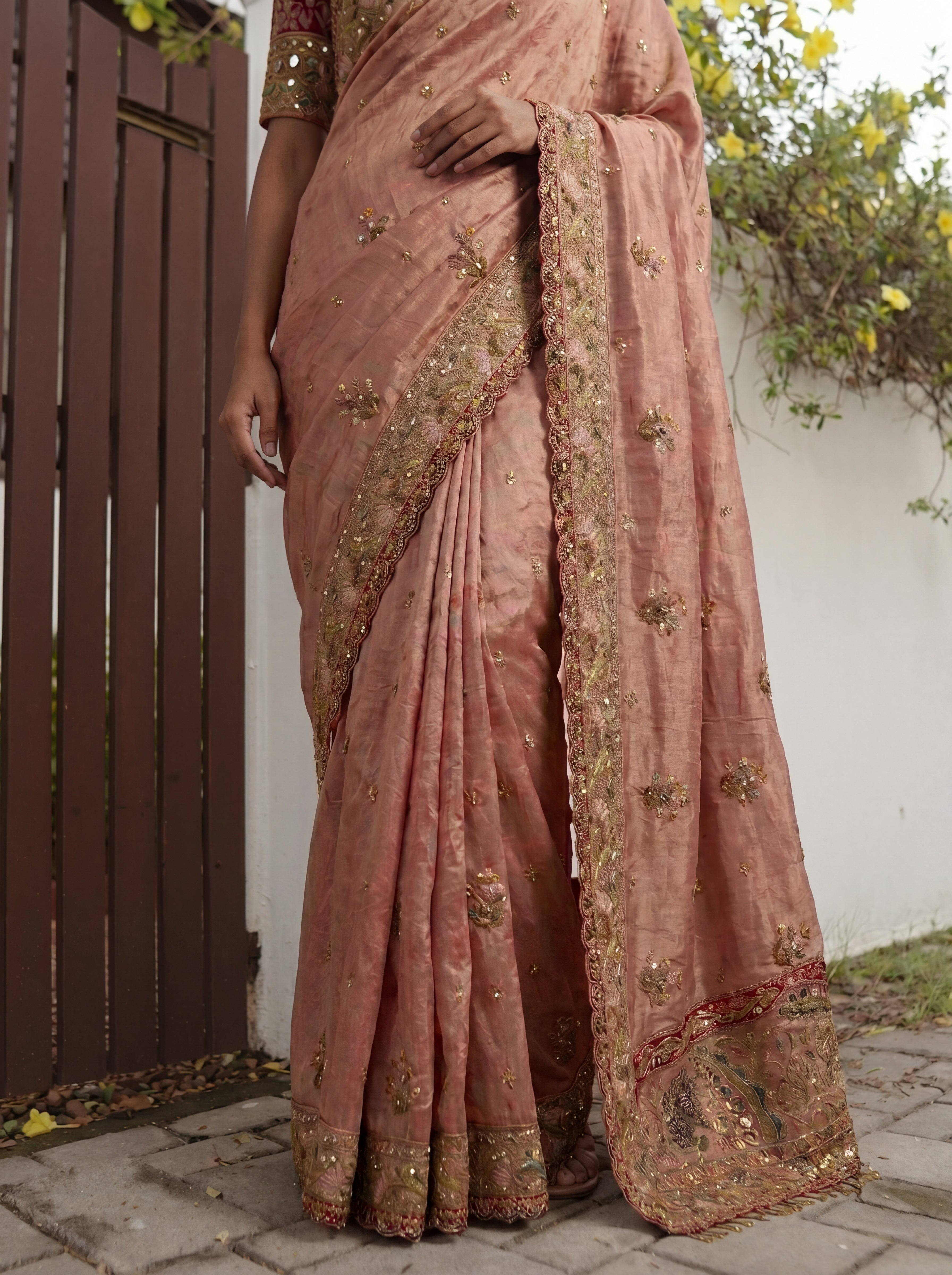 Royal Chiku Tissue Saree with Intricate Handwork and Mirror Border