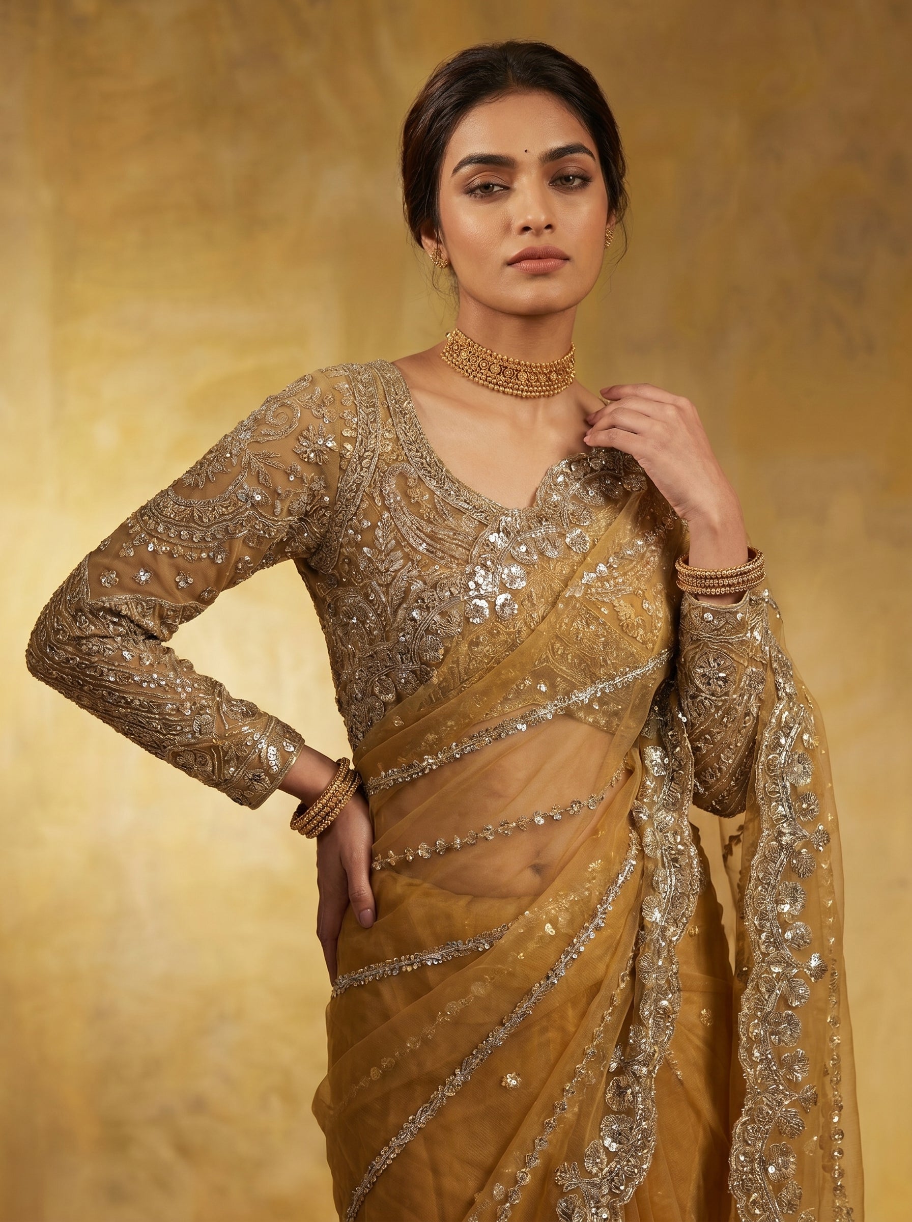 Luxury Mustard Beige Net Saree with Rich Embroidery & Blouse