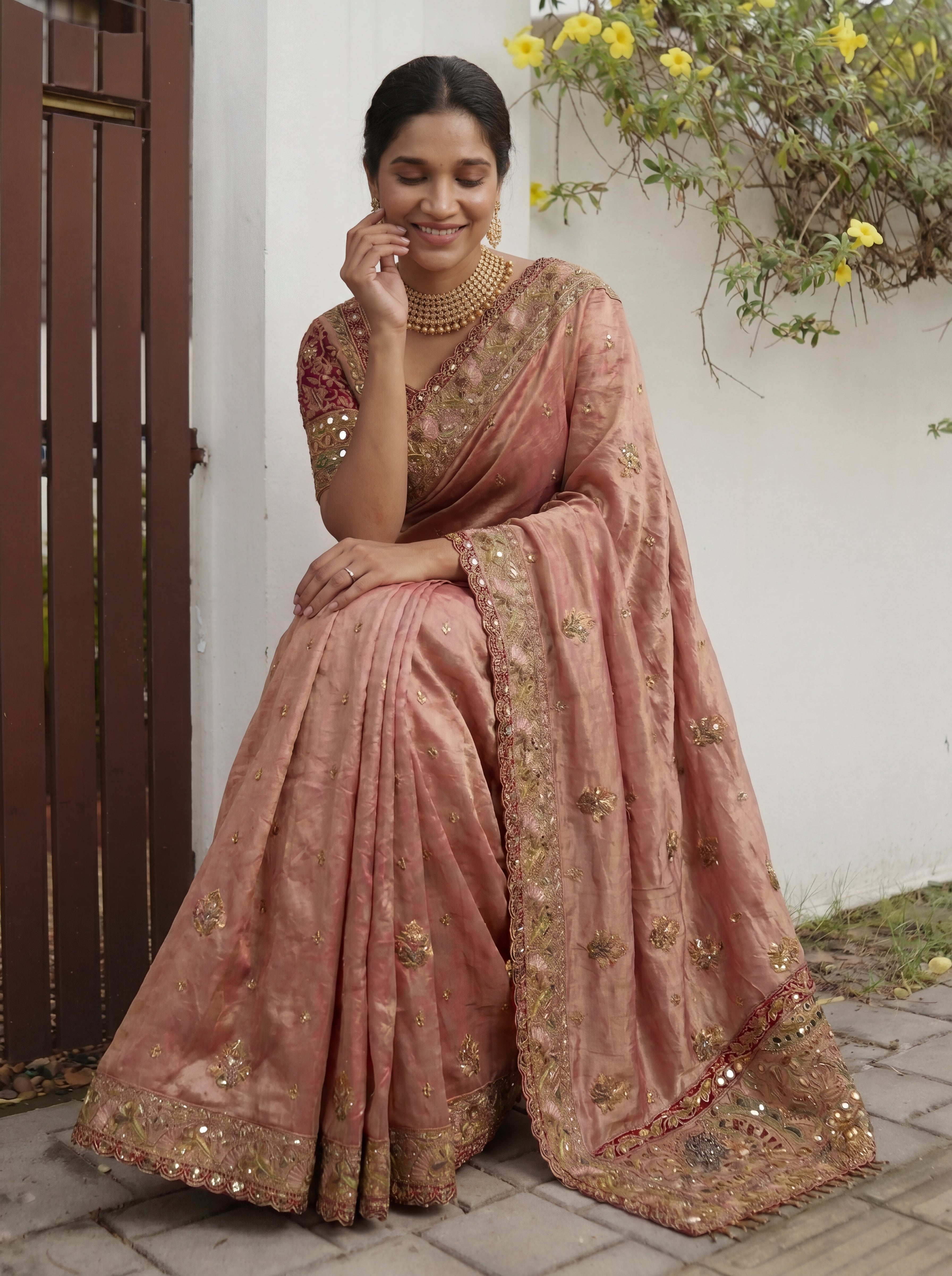 Royal Chiku Tissue Saree with Intricate Handwork and Mirror Border