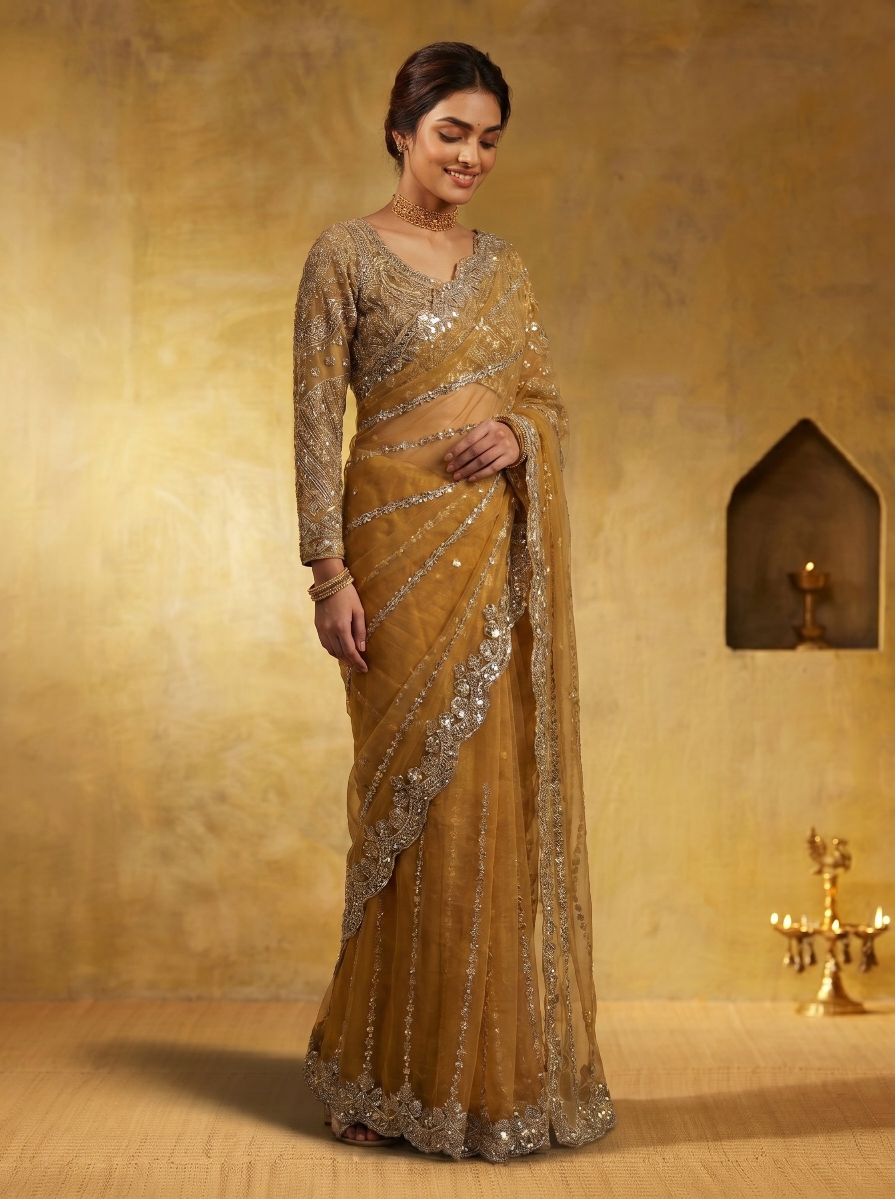 Luxury Mustard Beige Net Saree with Rich Embroidery & Blouse