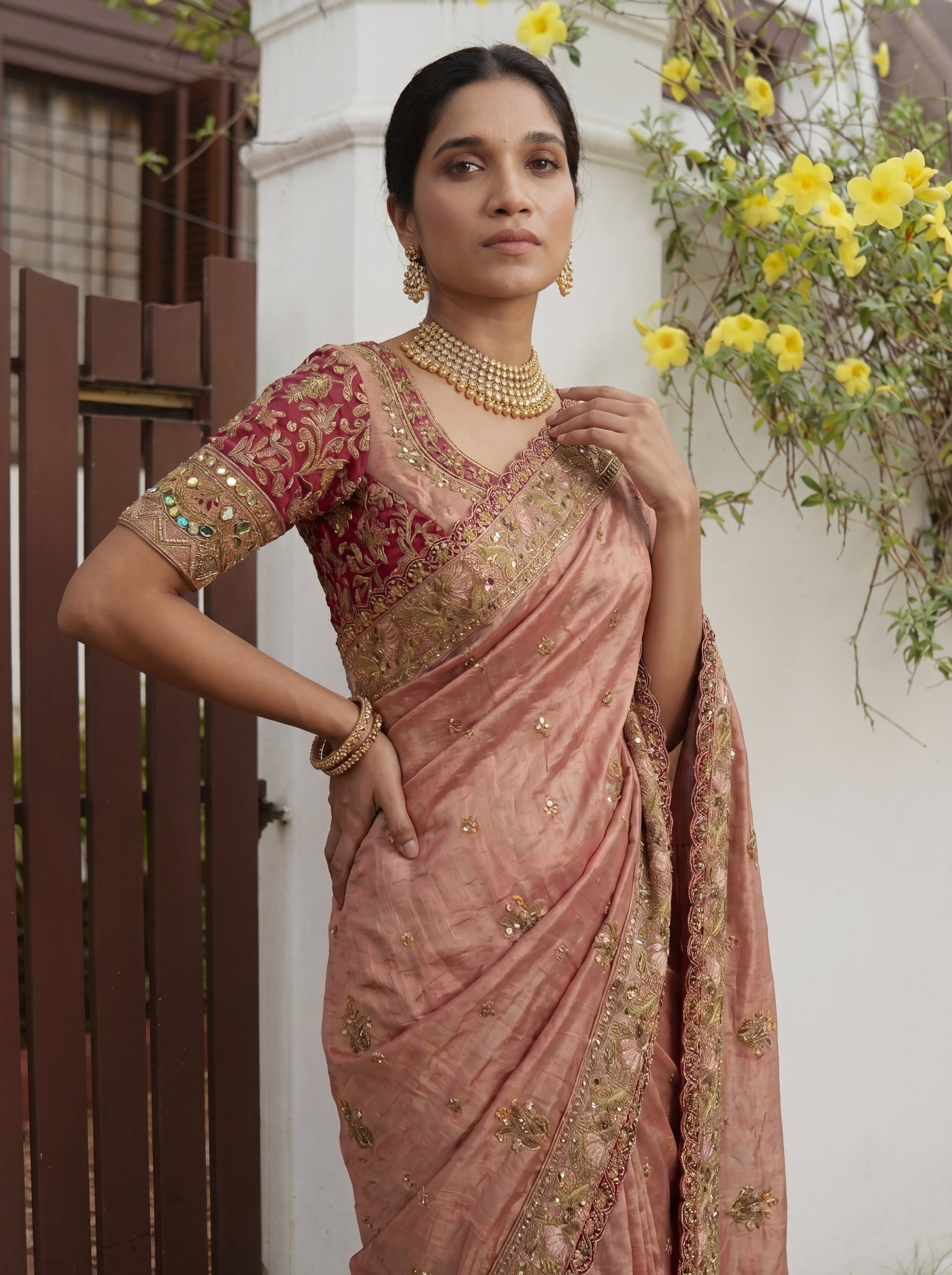 Royal Chiku Tissue Saree with Intricate Handwork and Mirror Border