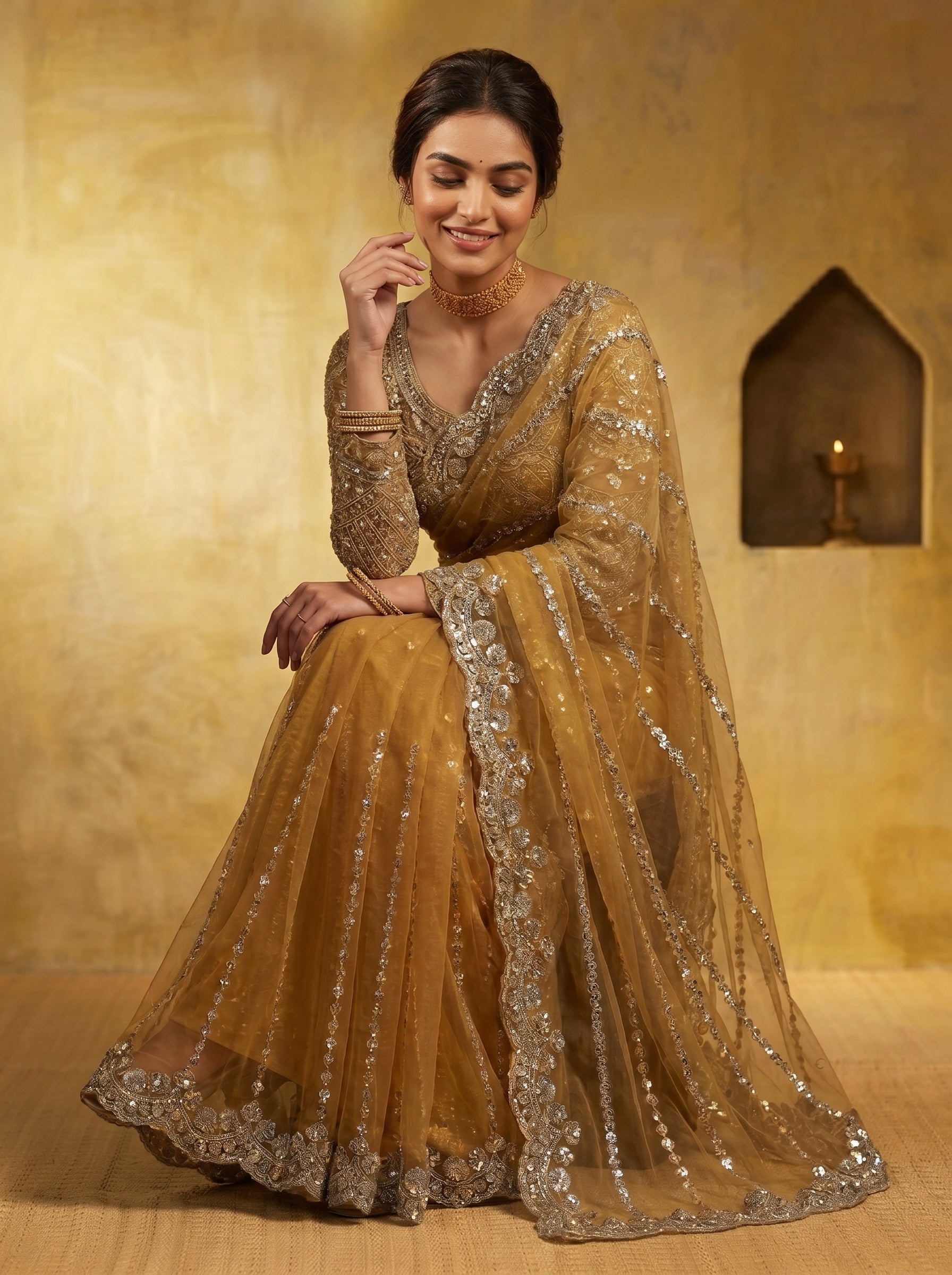 Luxury Mustard Beige Net Saree with Rich Embroidery & Blouse