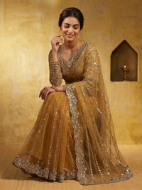 Luxury Mustard Beige Net Saree with Rich Embroidery & Blouse